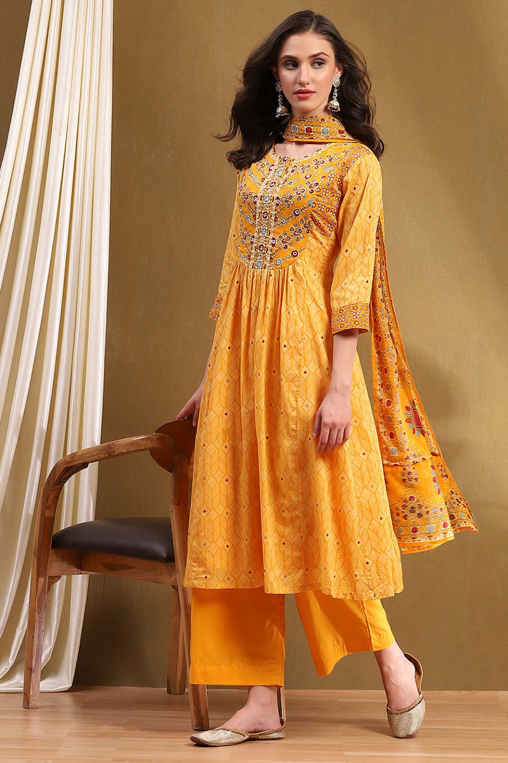 Mustard Yellow Cotton Printed Flared Festive Suit Set image number 0