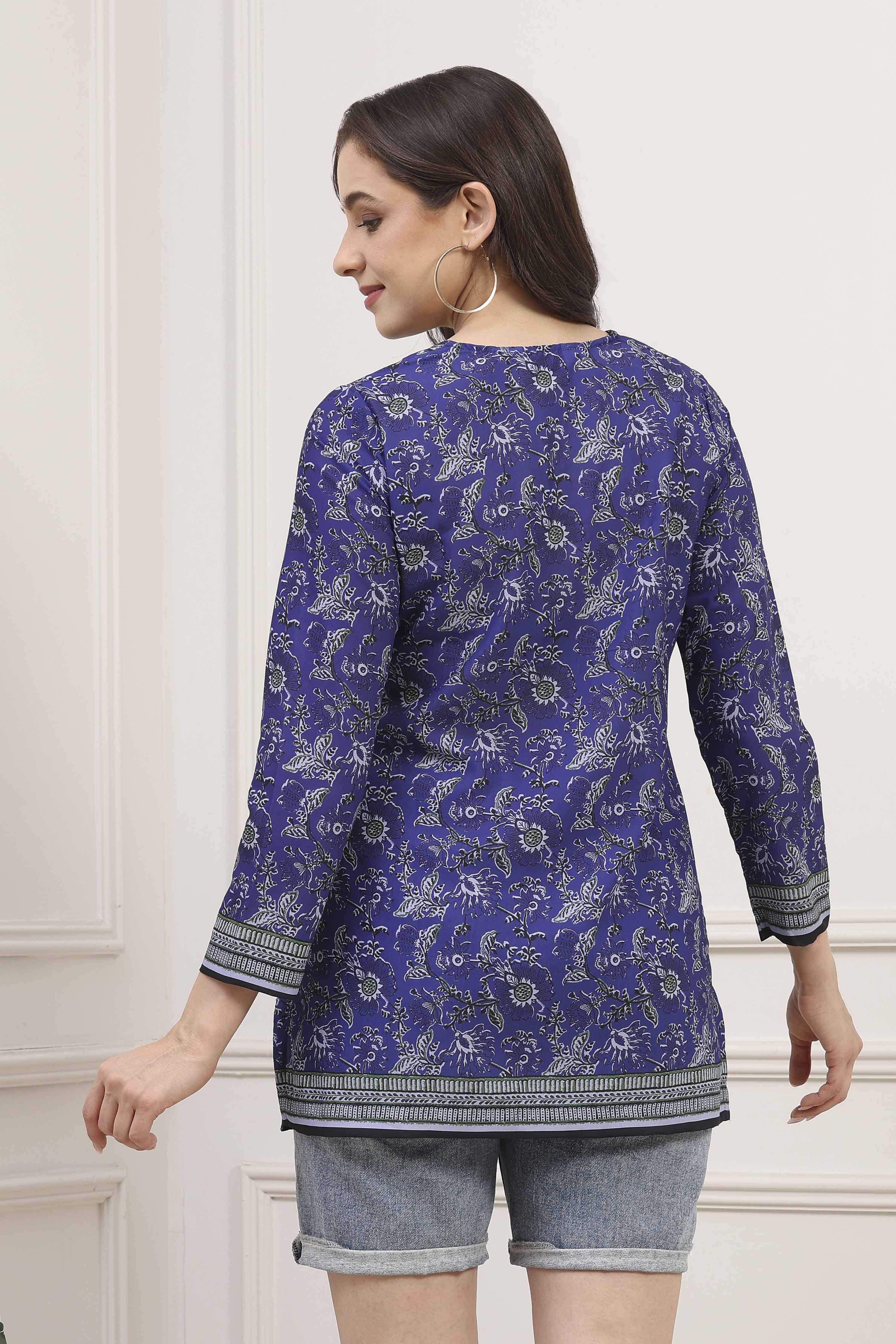 Blue Polyester Printed Straight Kurti image number 3
