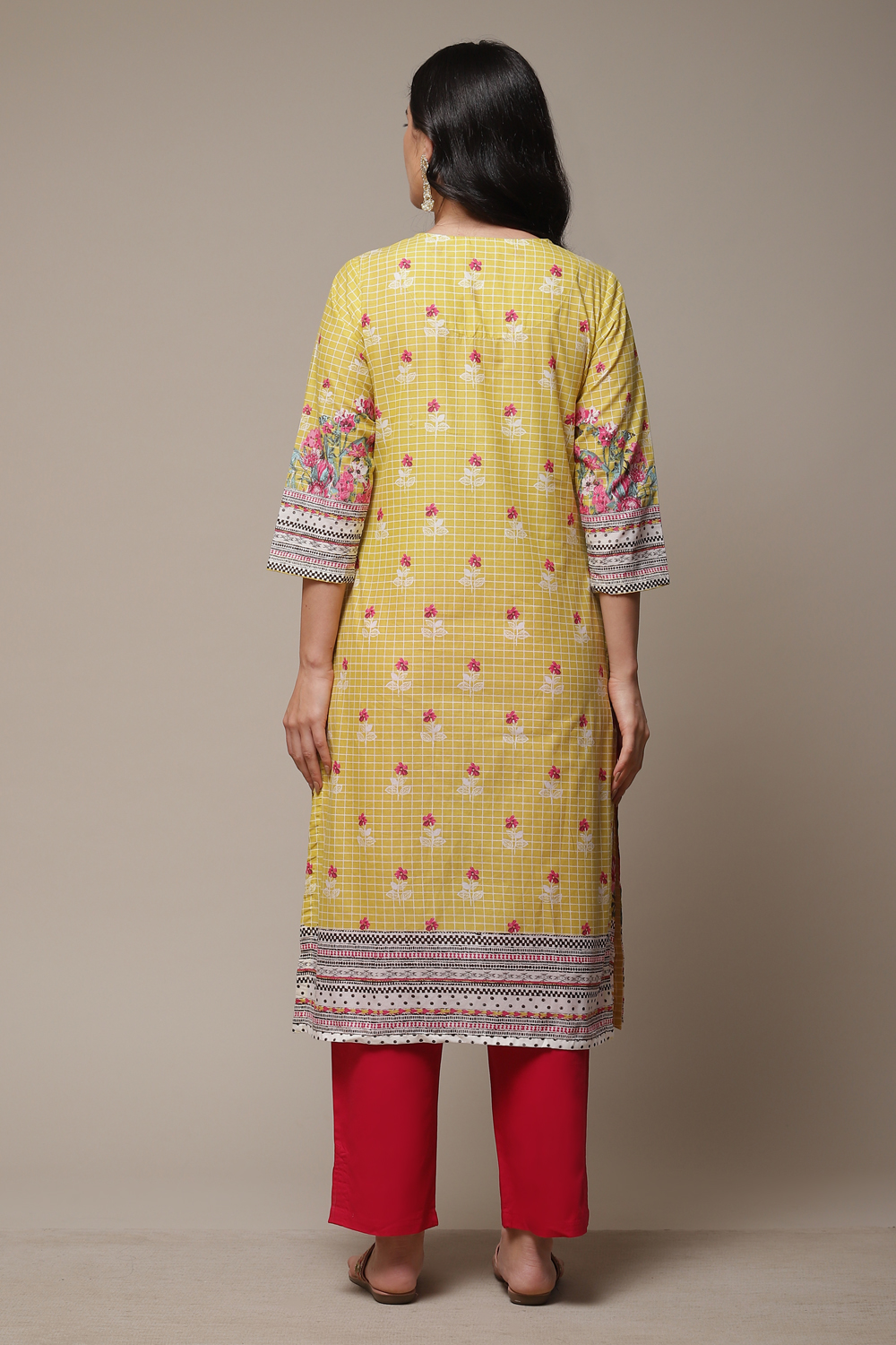 Yellow LIVA Straight Printed Kurta image number 2