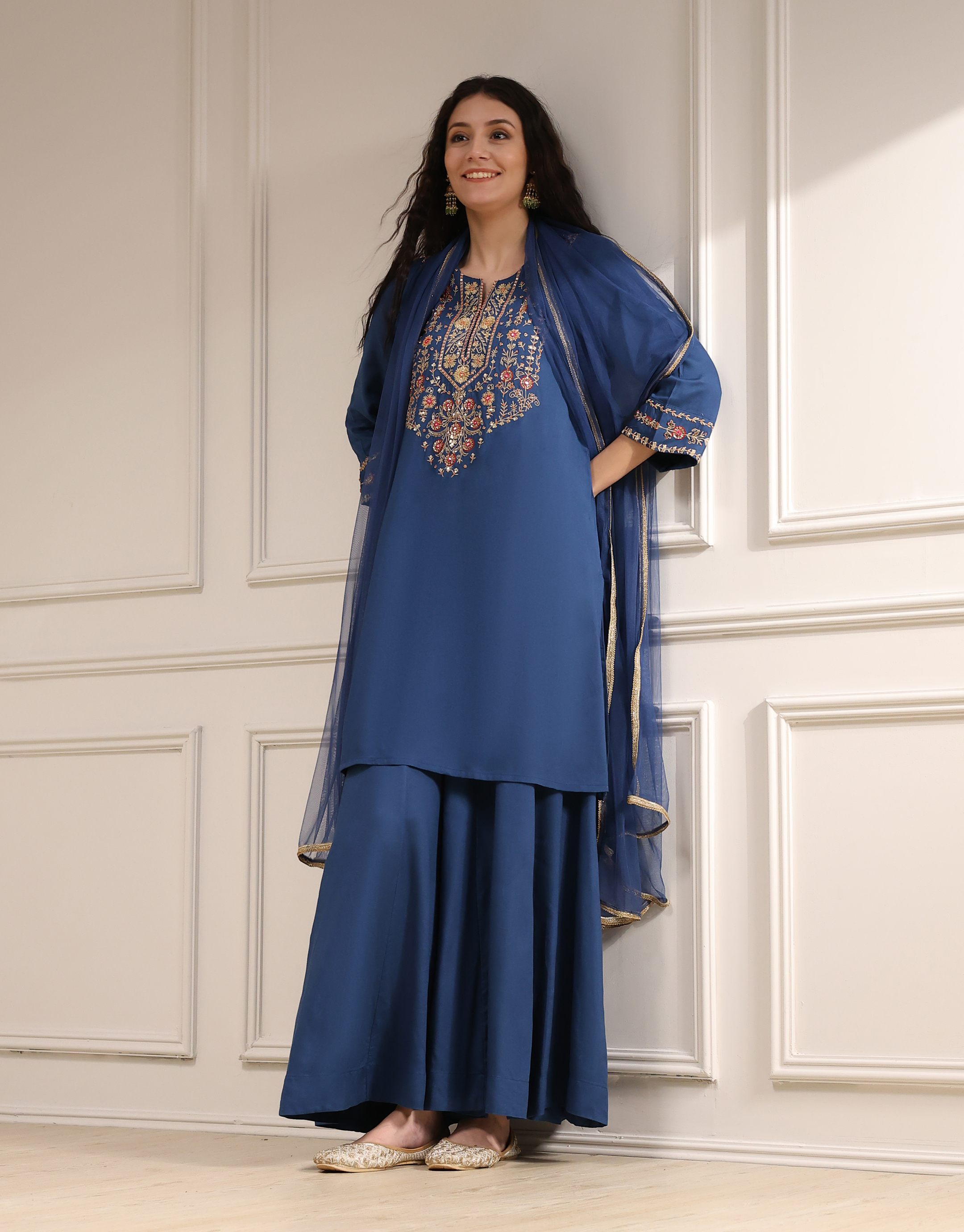 Navy Blue Embroidered Straight Suit Set image number 5