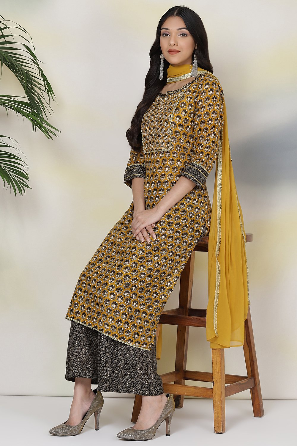 Yellow And Black Art Silk Straight Kurta Palazzo Suit Set image number 6