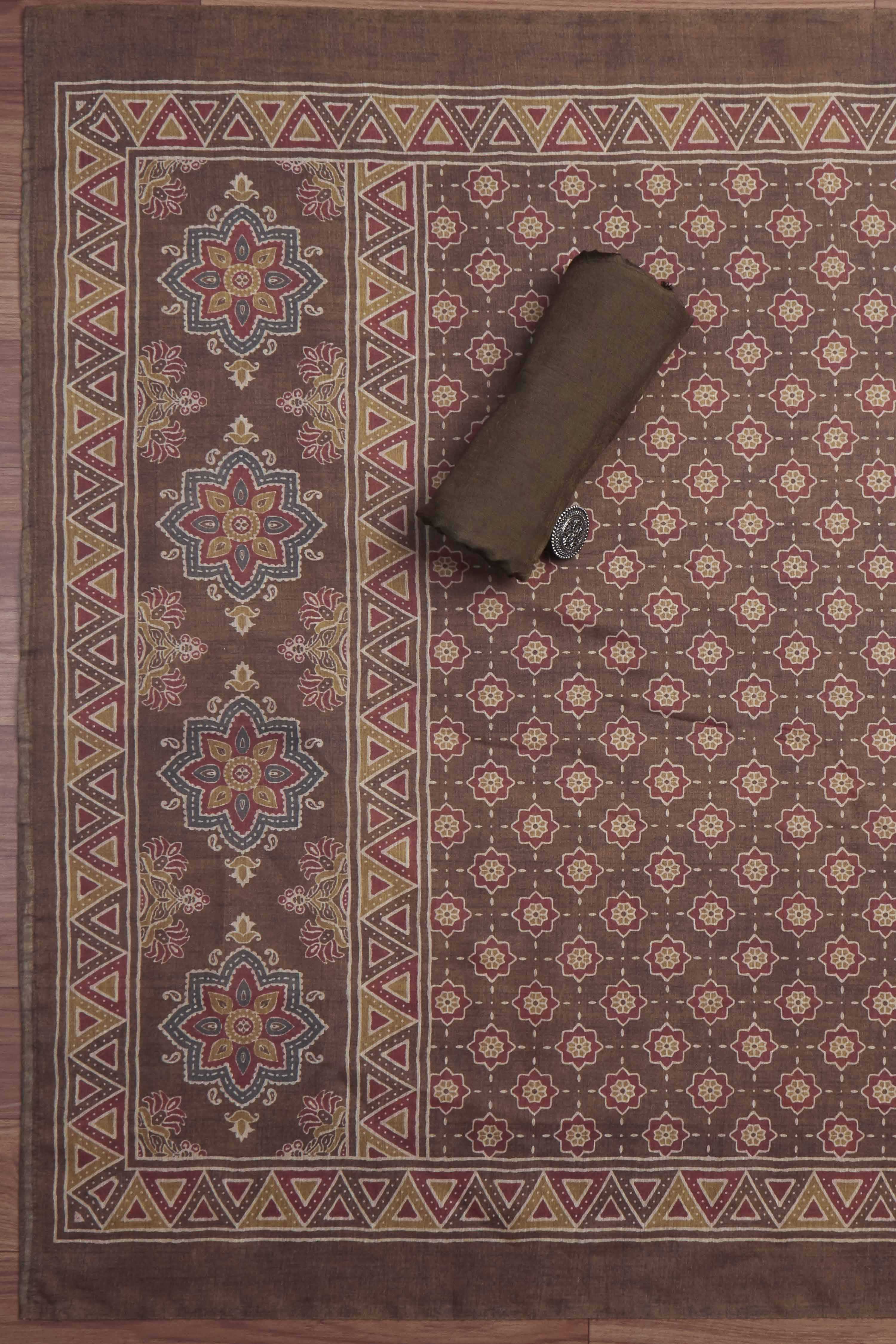 Grey Chanderi Rajasthani Print Unstitched Suit Set image number 3