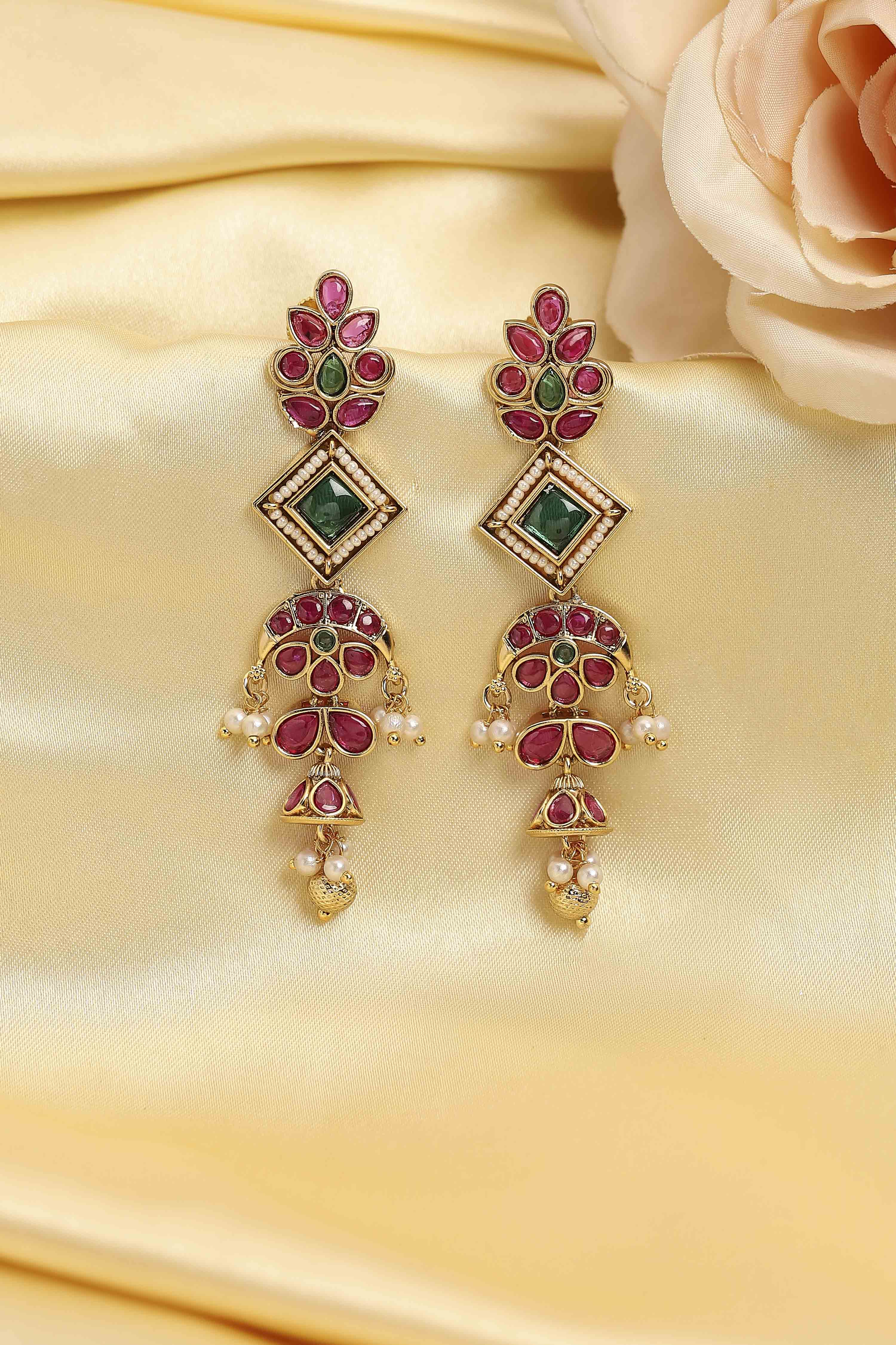 Multicolour Gold Plated Brass Stone Studded Drop Earrings image number 0