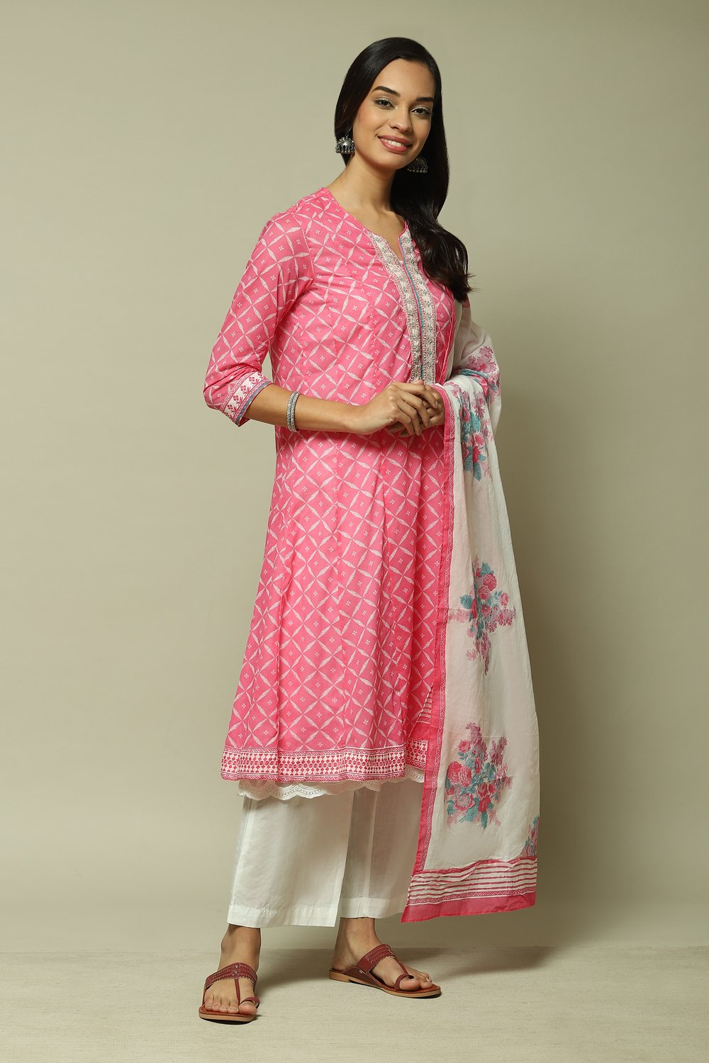 Pink Cotton Anarkali Kurta Palazzo Suit Set image number 6