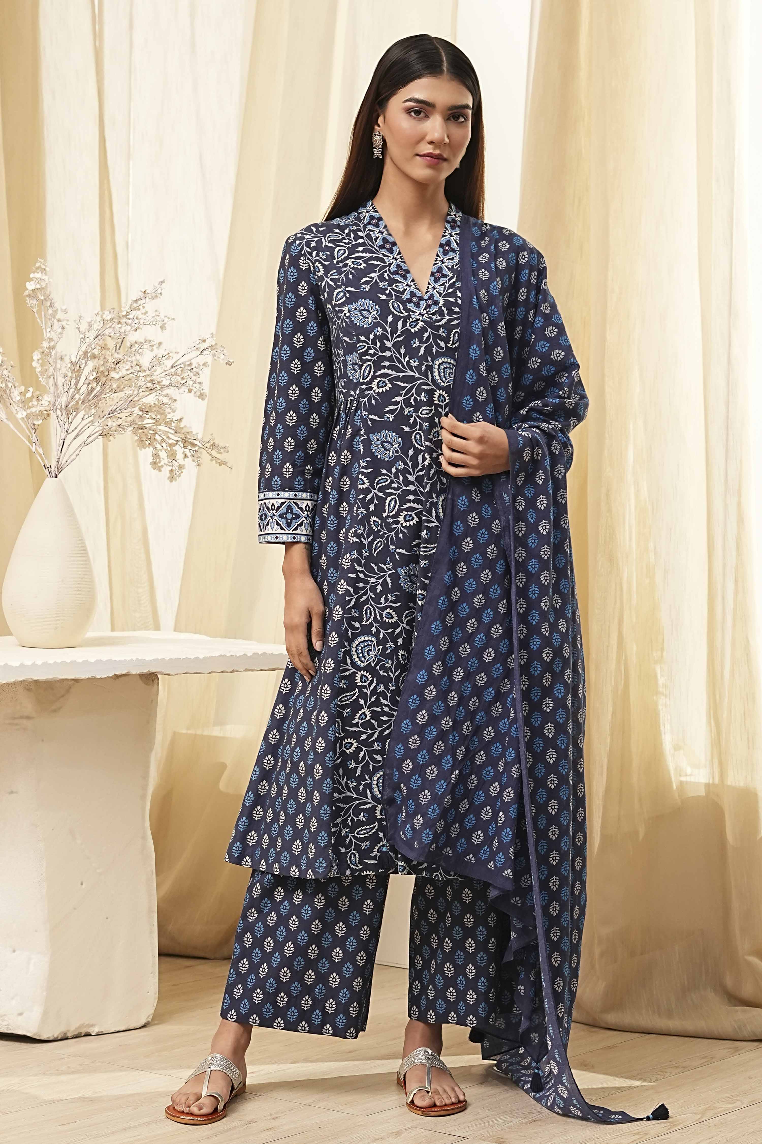 Indigo Pure Cotton Straight Suit Set image number 6