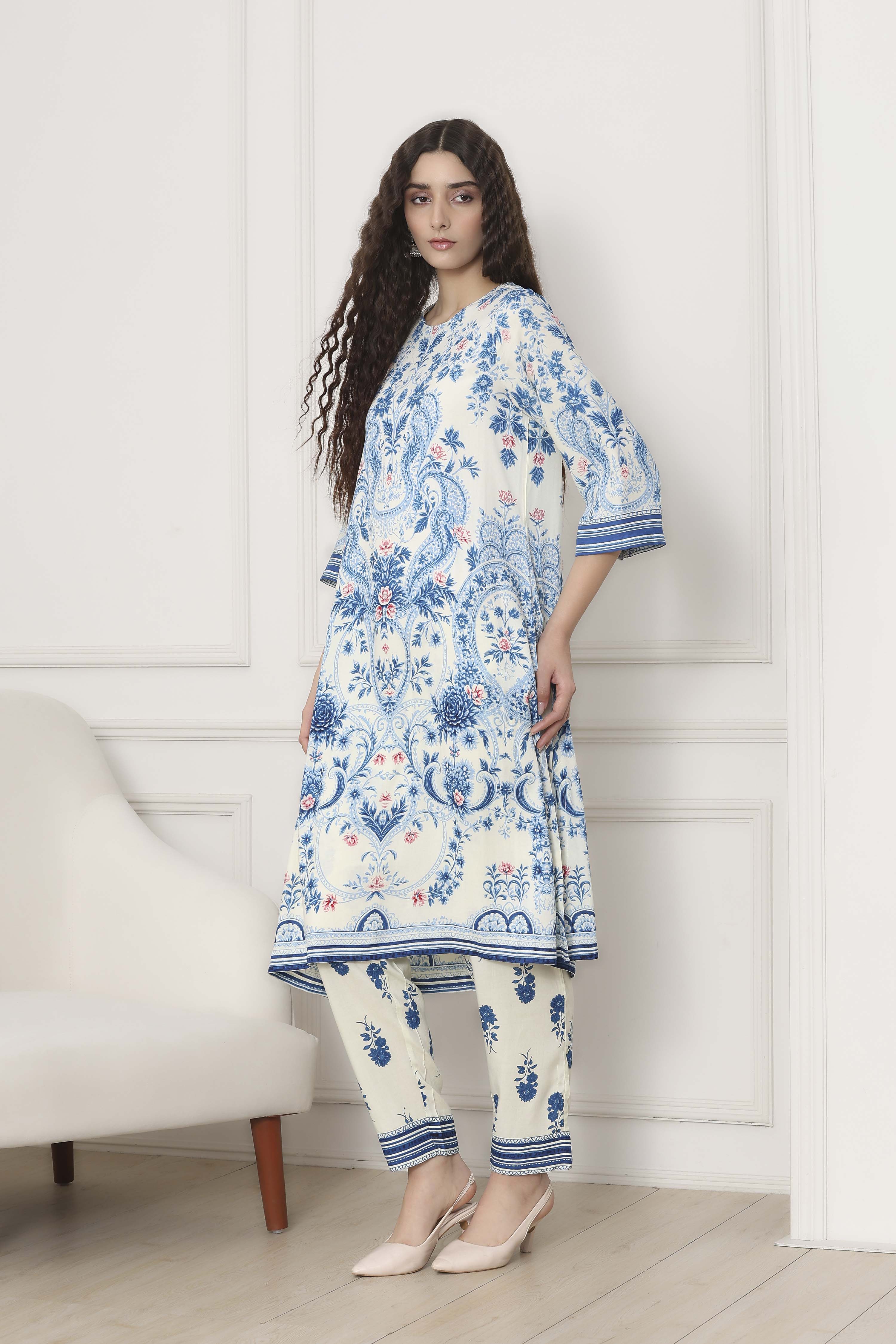 Blue Viscose Rayon Straight Suit Set image number 3