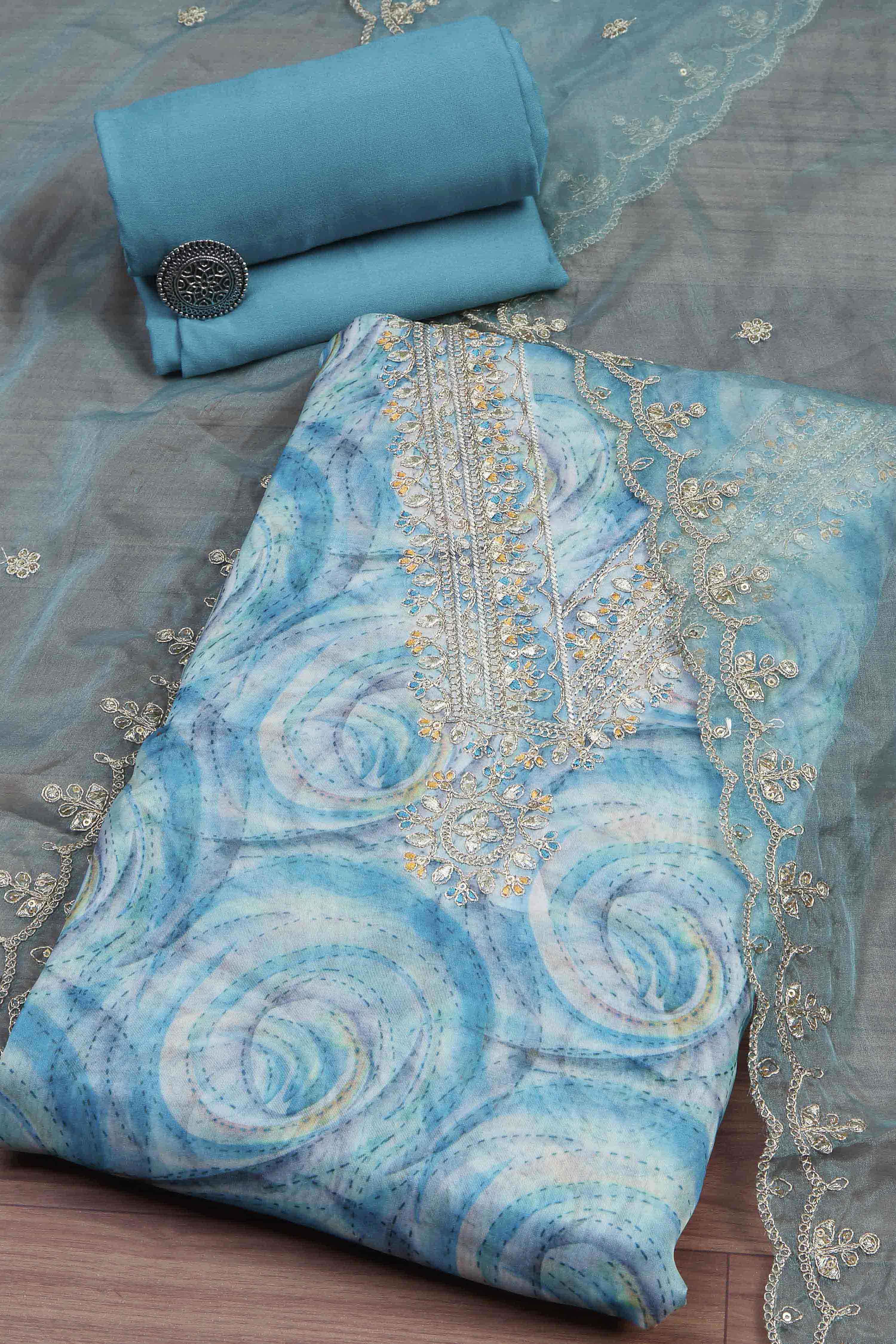 Pink Organza Rajasthani Print Unstitched Suit Set image number 0