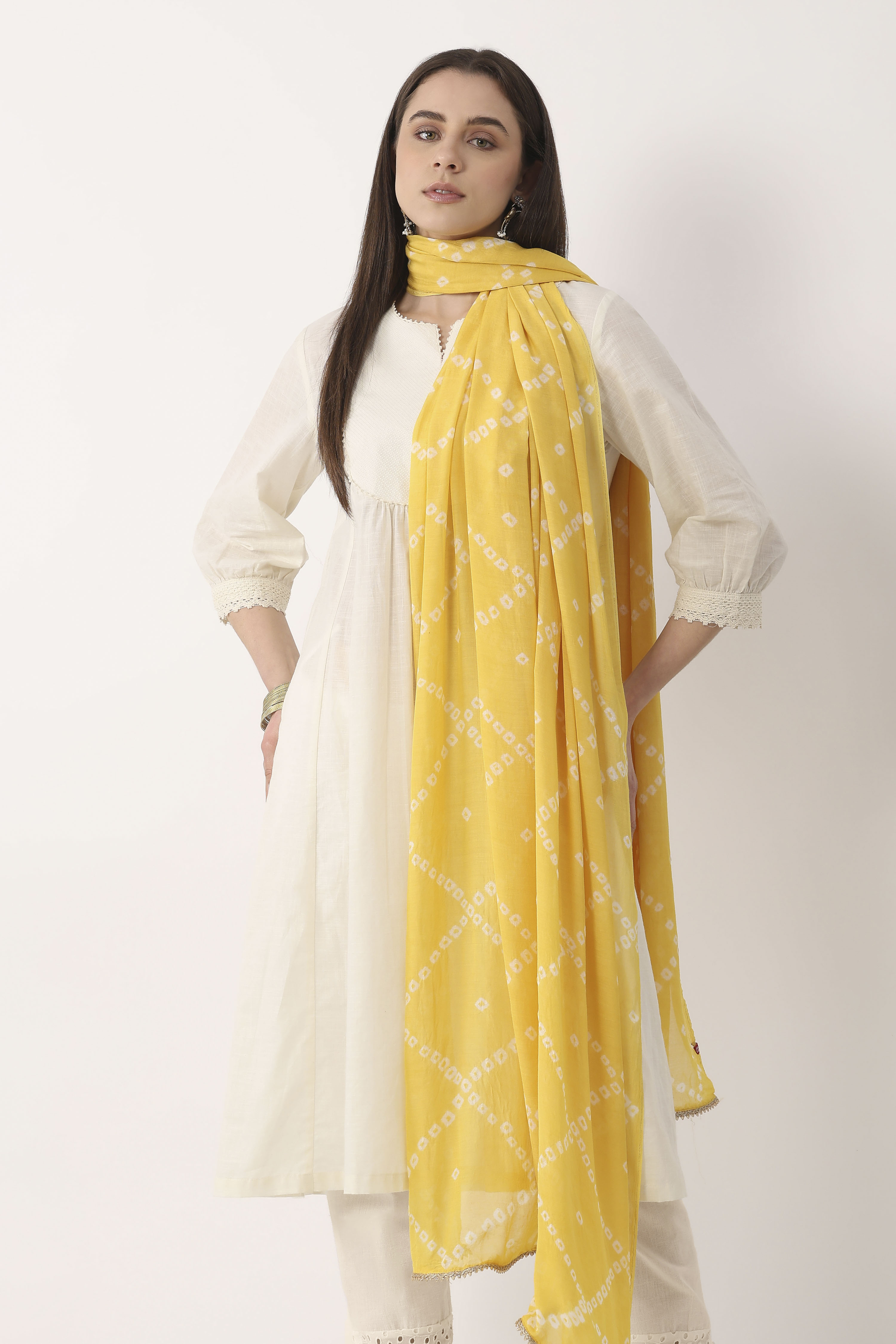 Yellow Mul Chanderi Dupatta image number 3