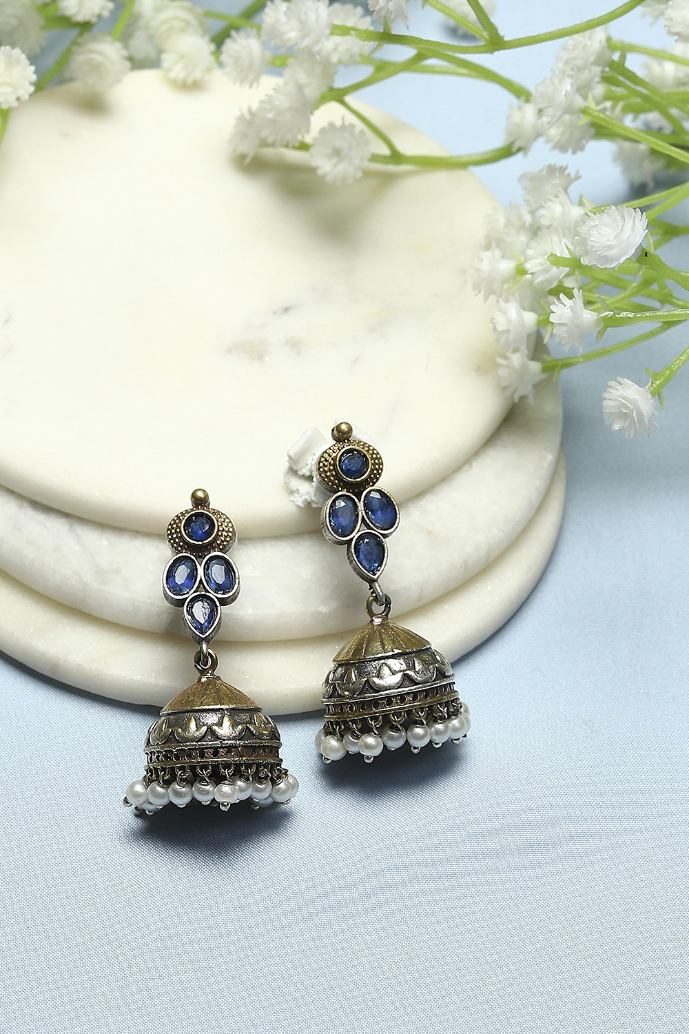 Blue Oxidised Stone Studded Jhumkas image number 0