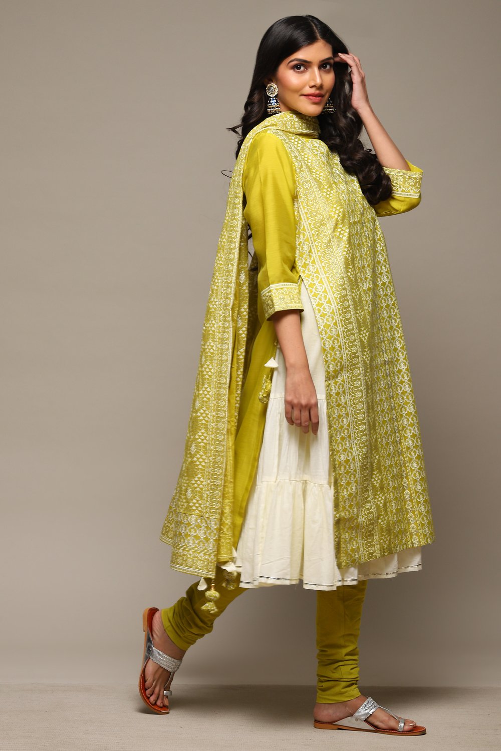 Lime Green Cotton Blend Layered Kurta Churidar Suit Set image number 8