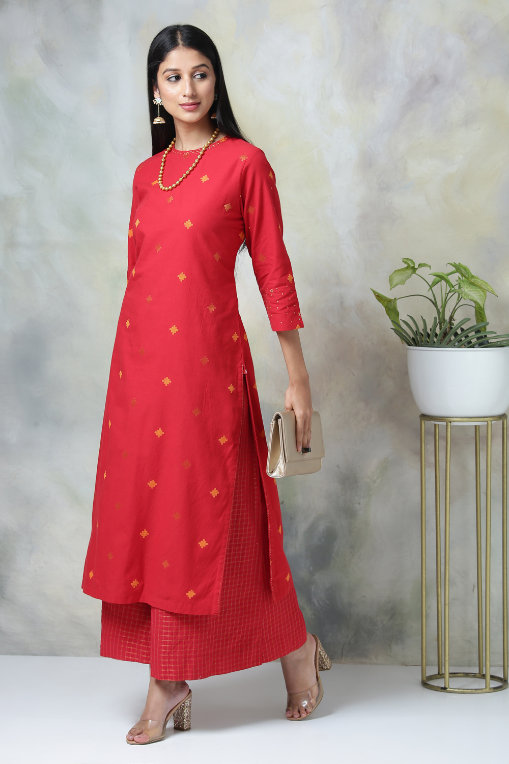 Red Cotton Straight Kurta Palazzo Suit Set image number 3