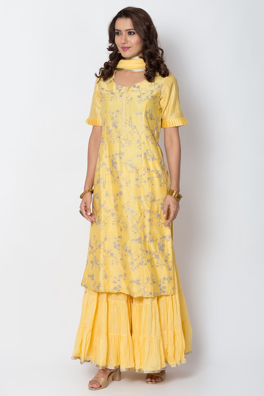 Yellow Cotton Silk Straight Kurta Garara Suit Set image number 2