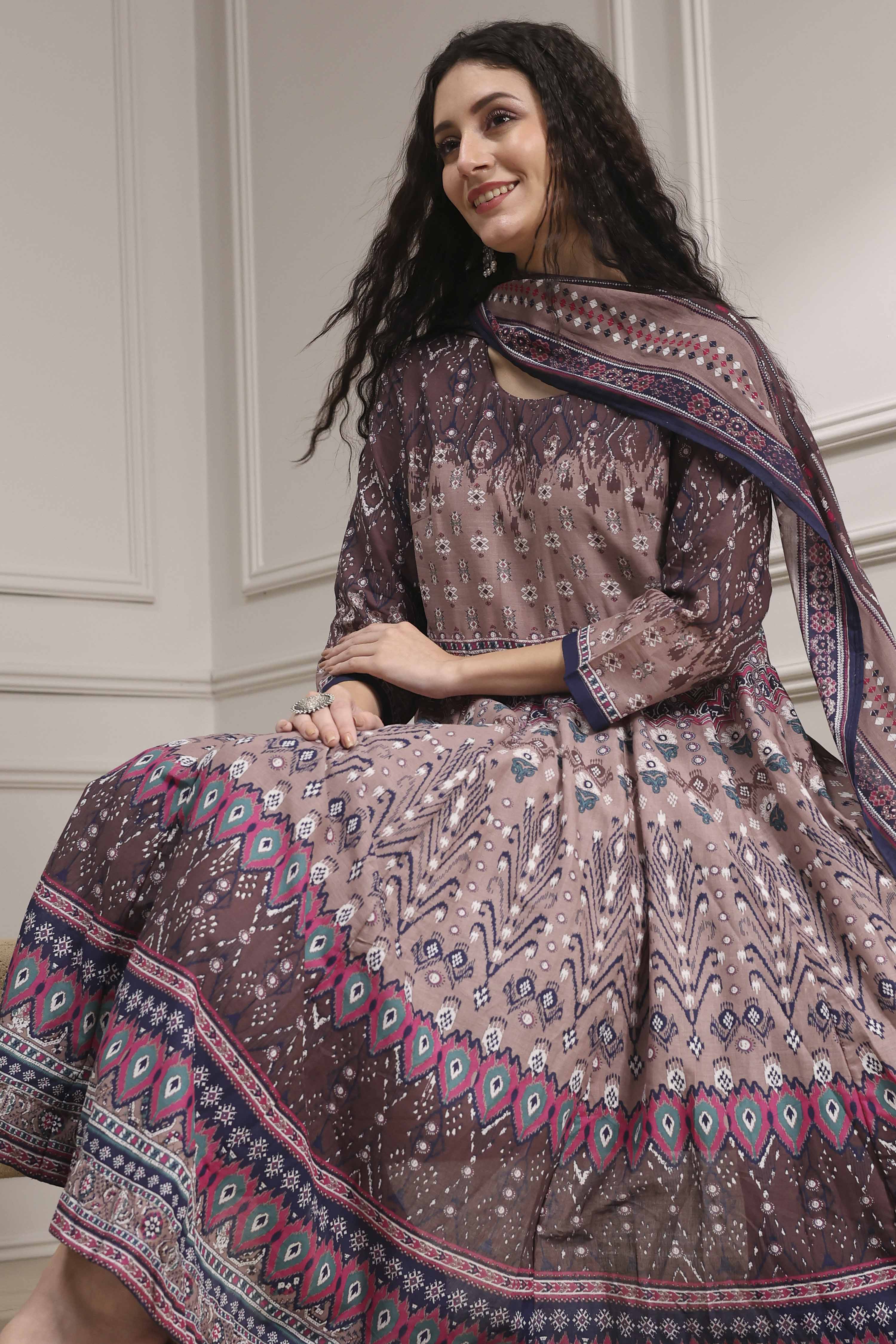 Lilac Cotton Printed Anarkali Suit Set image number 0