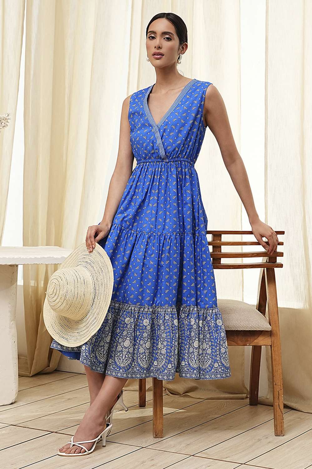 Blue Cotton Printed Tiered Dress image number 0