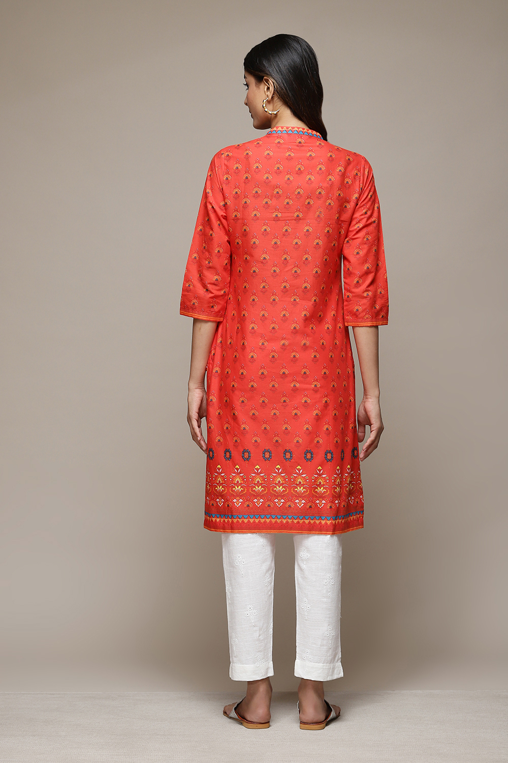 Orange Cotton Straight Printed Kurta image number 3