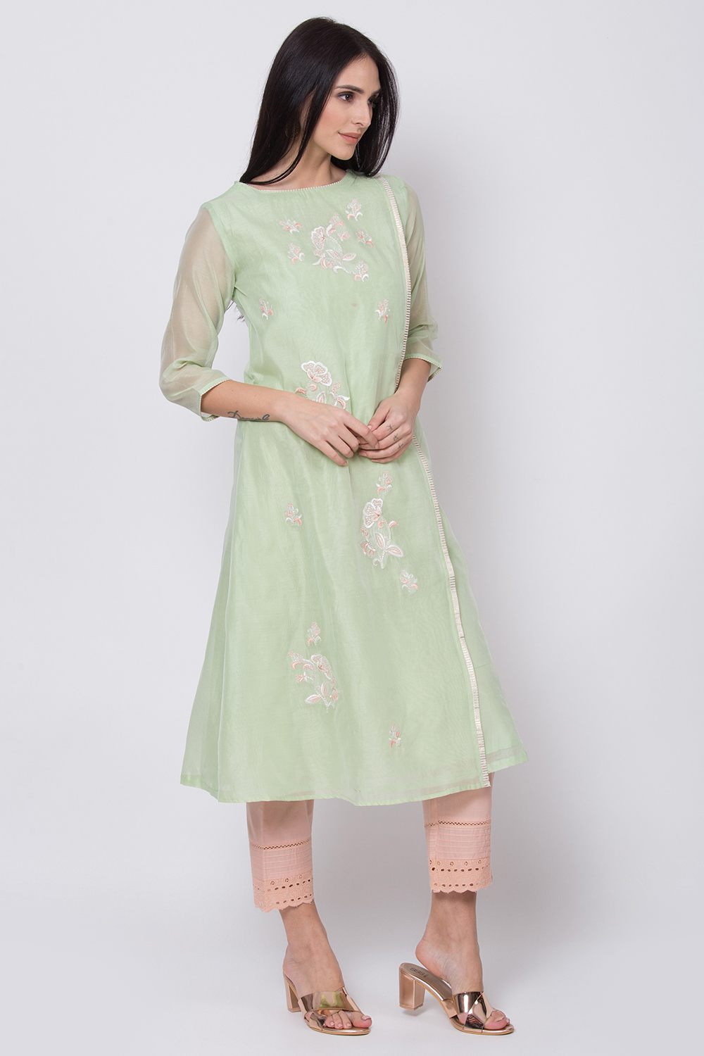 Mint Green Poly Cotton A-Line Yarndyed Kurta image number 3