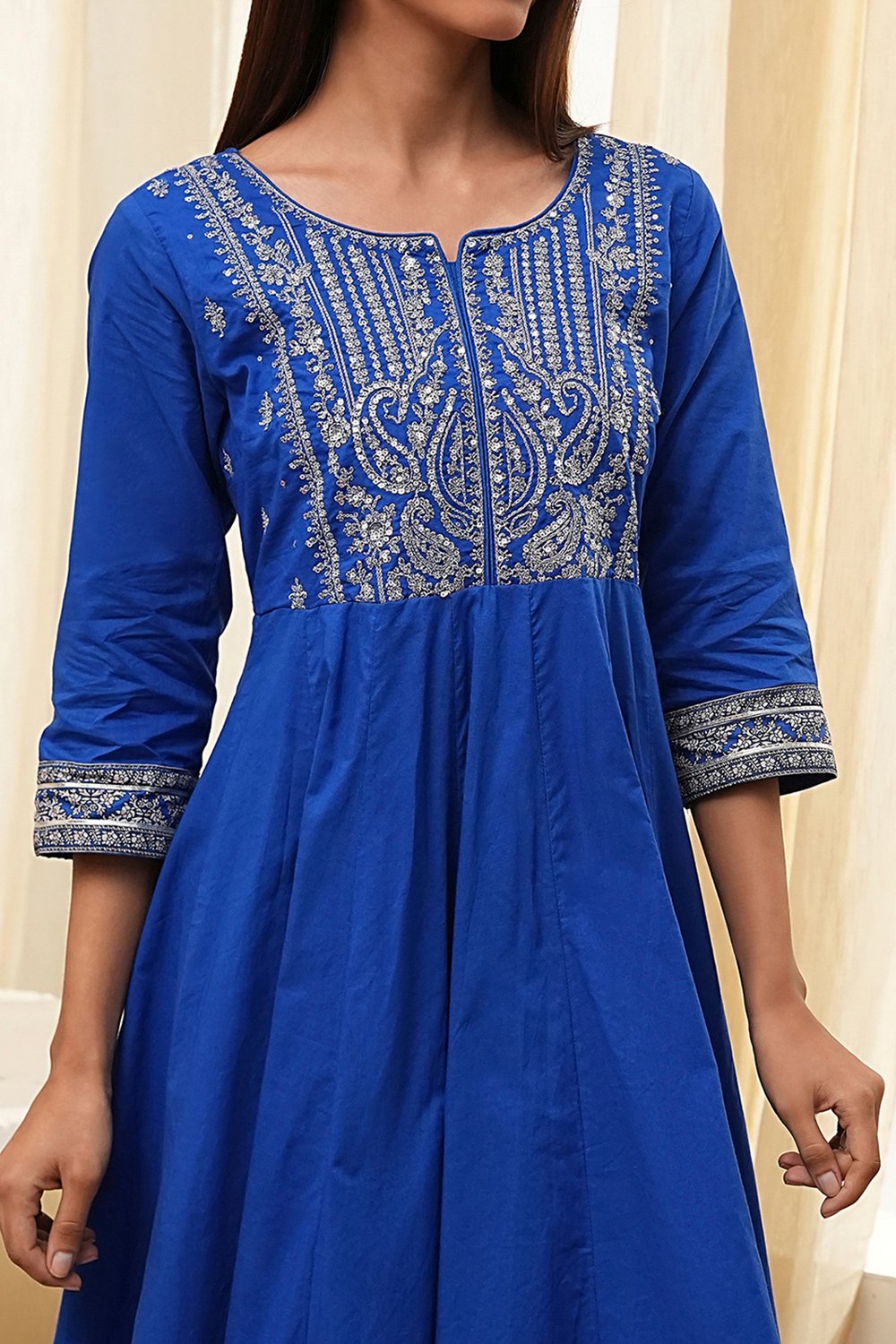 Blue Cotton Embroidered Anarkali Suit Set image number 1