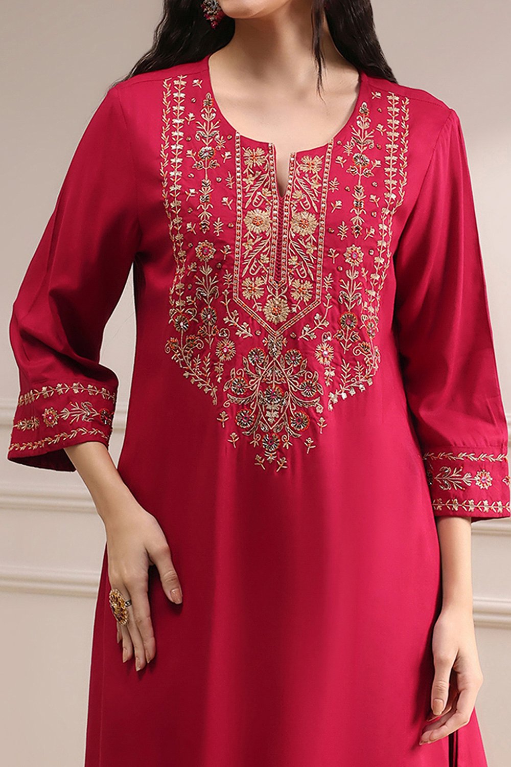 Navy Blue Embroidered Straight Suit Set image number 1