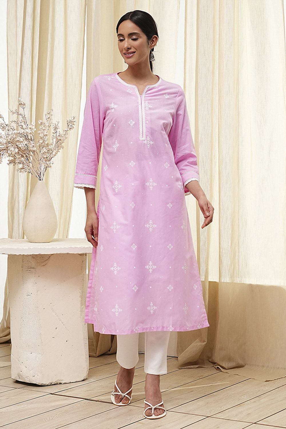 Light Pink Cotton Straight Kurta image number 5