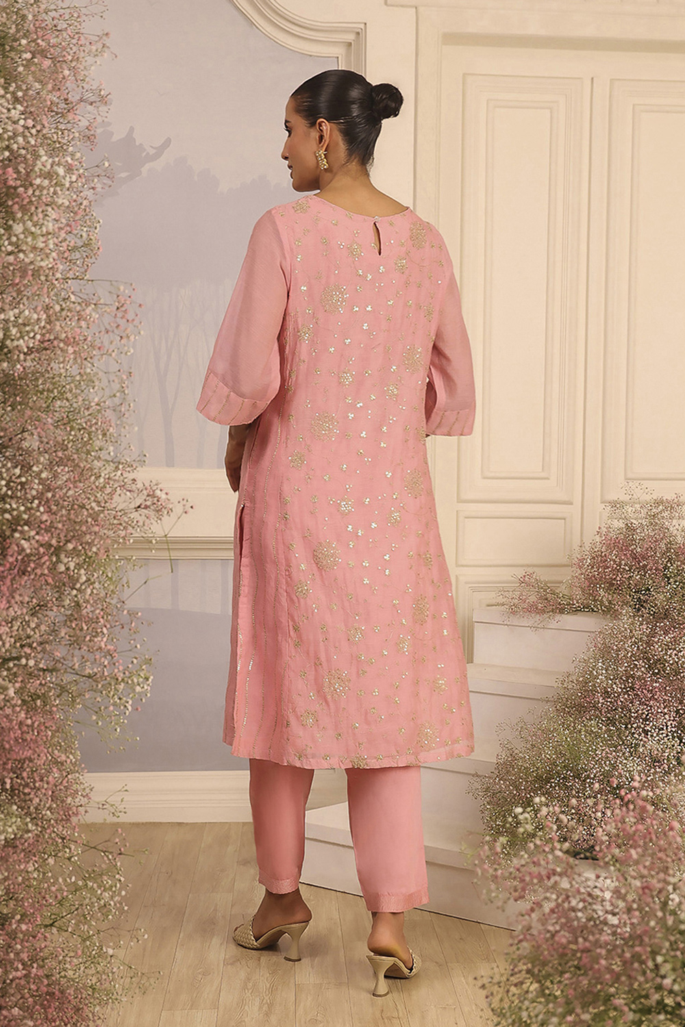 Pink Silk A-Line Embroidered Suit Set image number 4