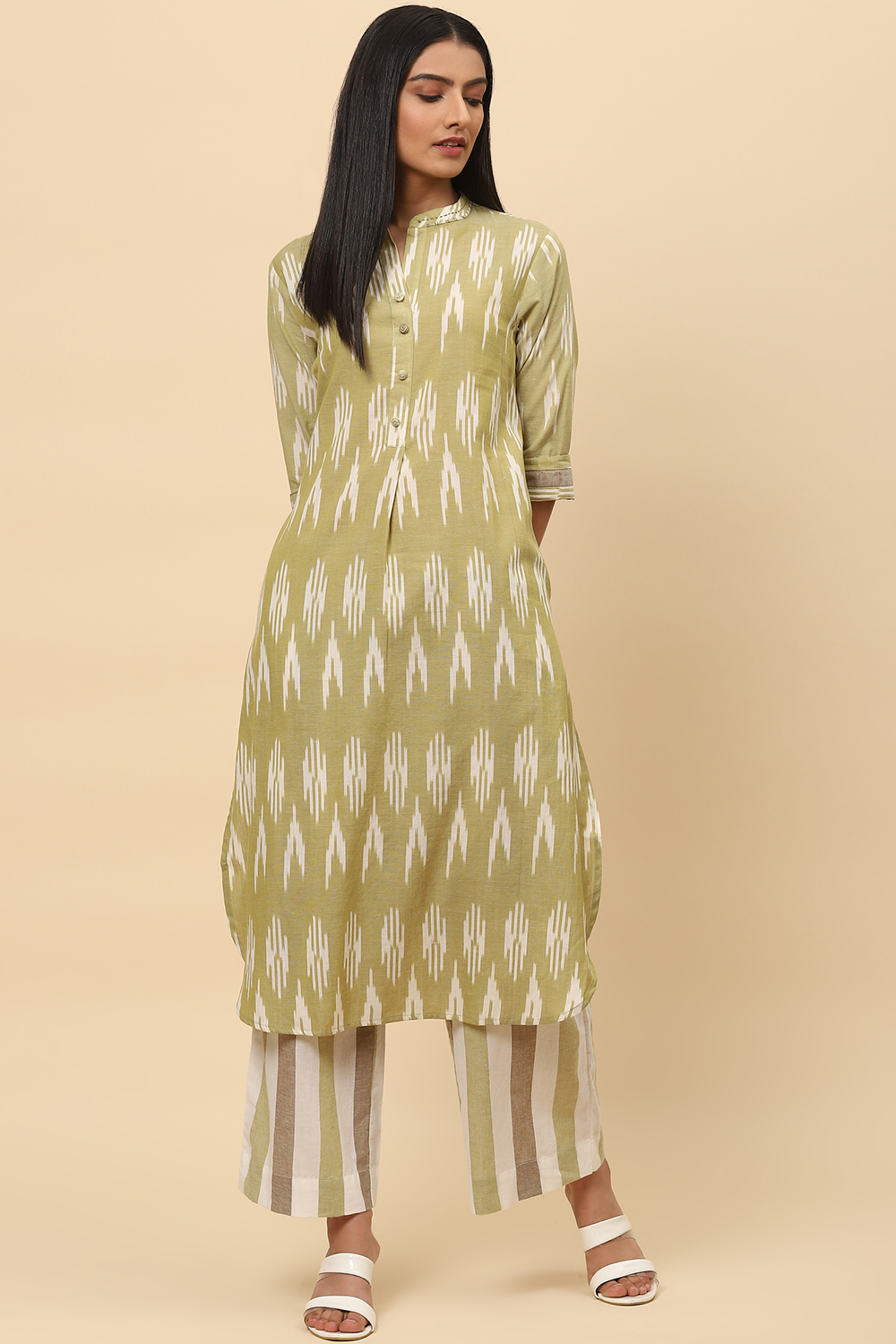 Clay Mint Cotton Straight Fusion Printed Kurta Set image number 0