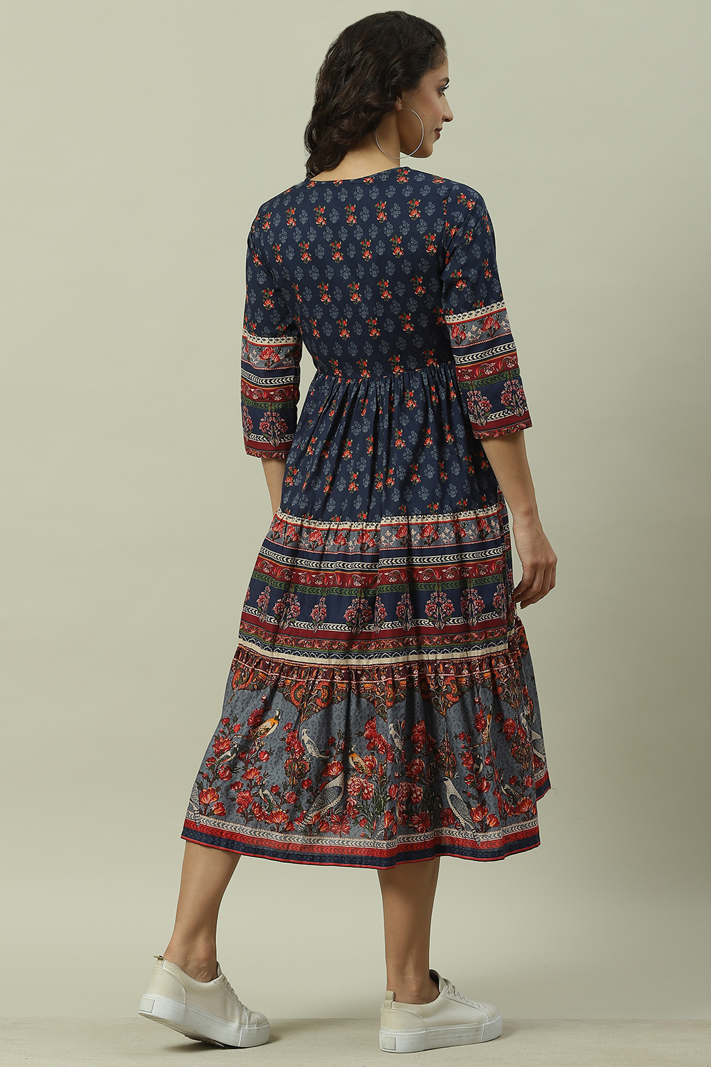 Blue Cotton Fusion Dress with Printed Jacket image number 4