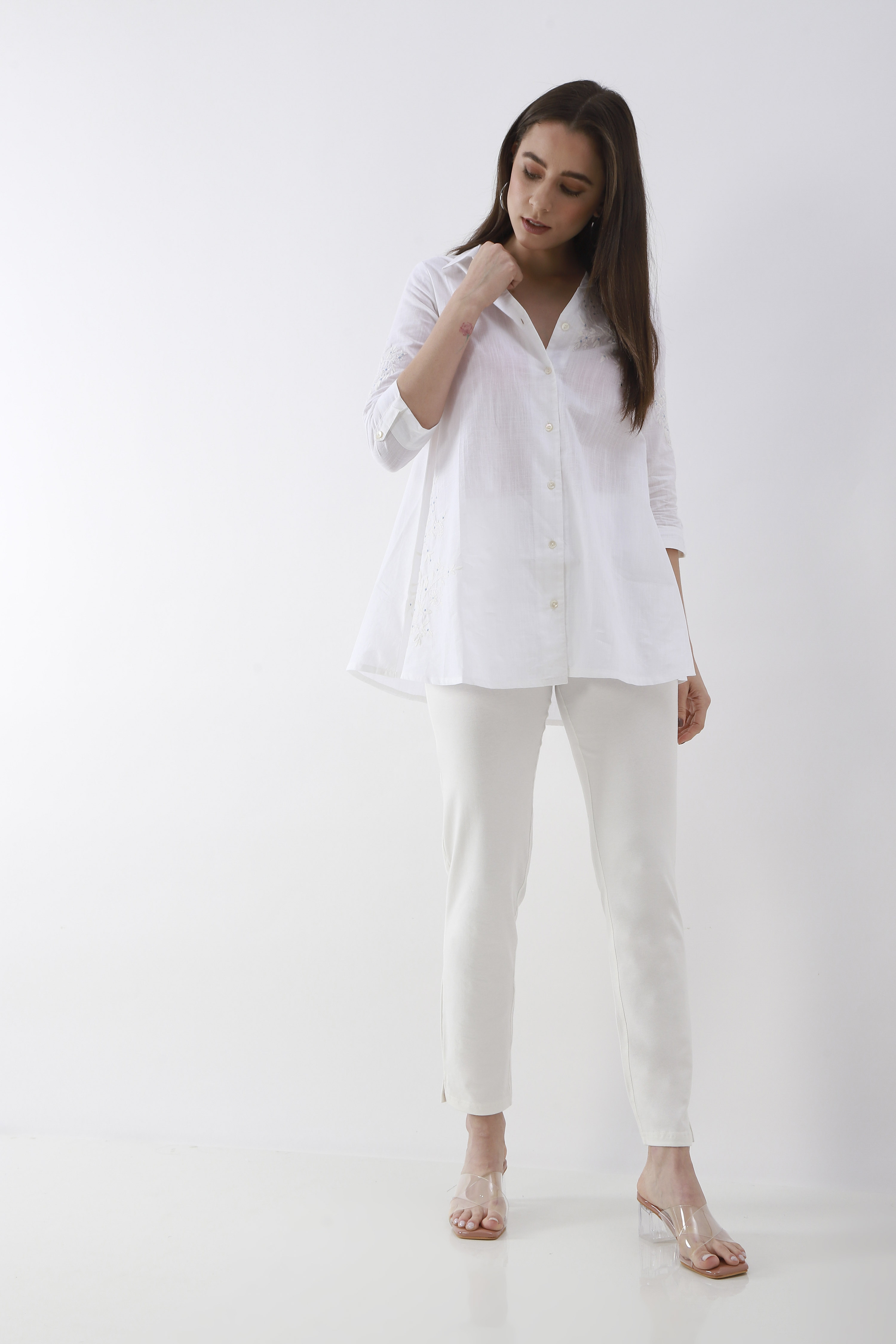 Navy Blue Solid Cotton Lycra Straight Pants image number 0