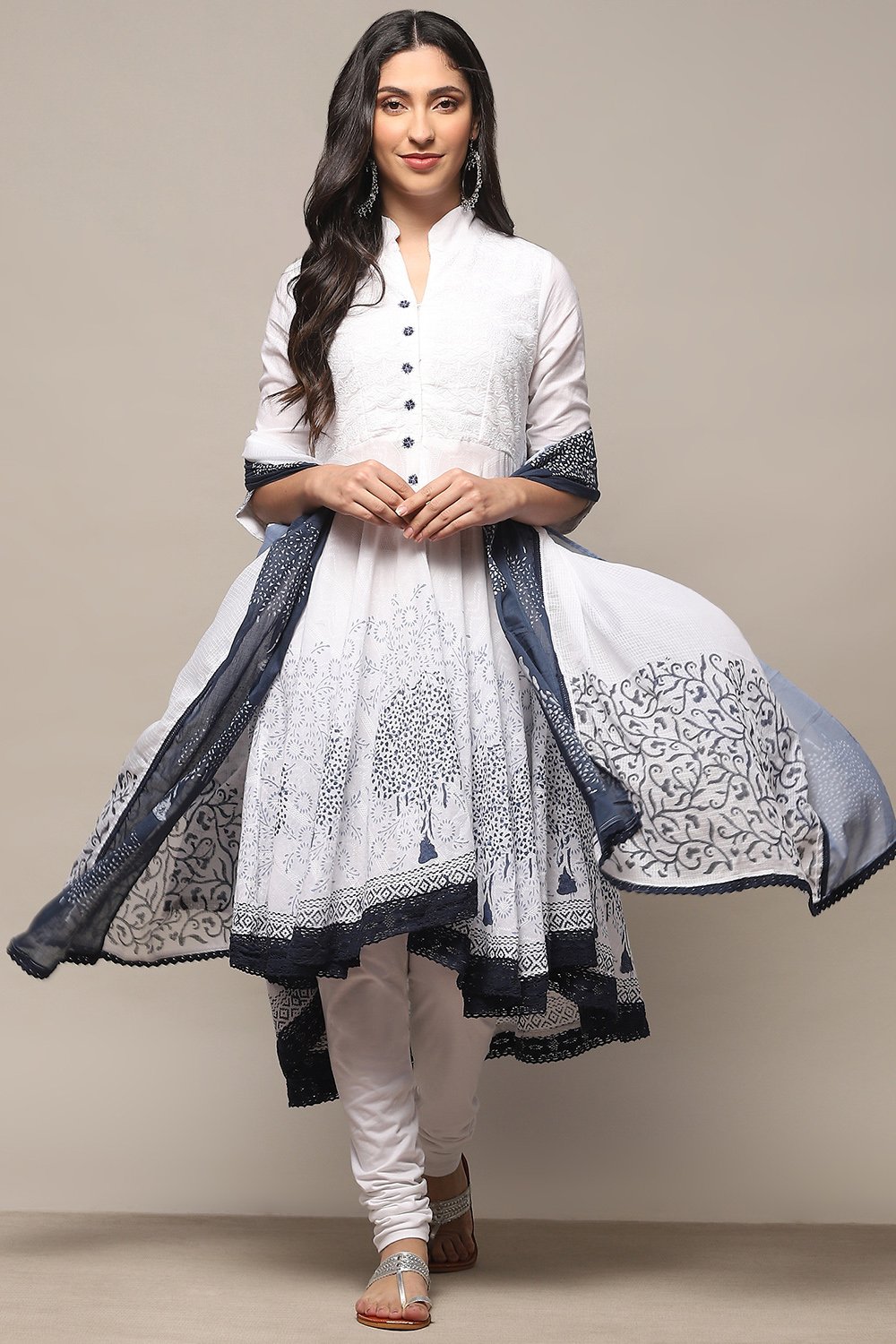 White Cotton Asymmetric Anarkali & Churidar Suit Set image number 0