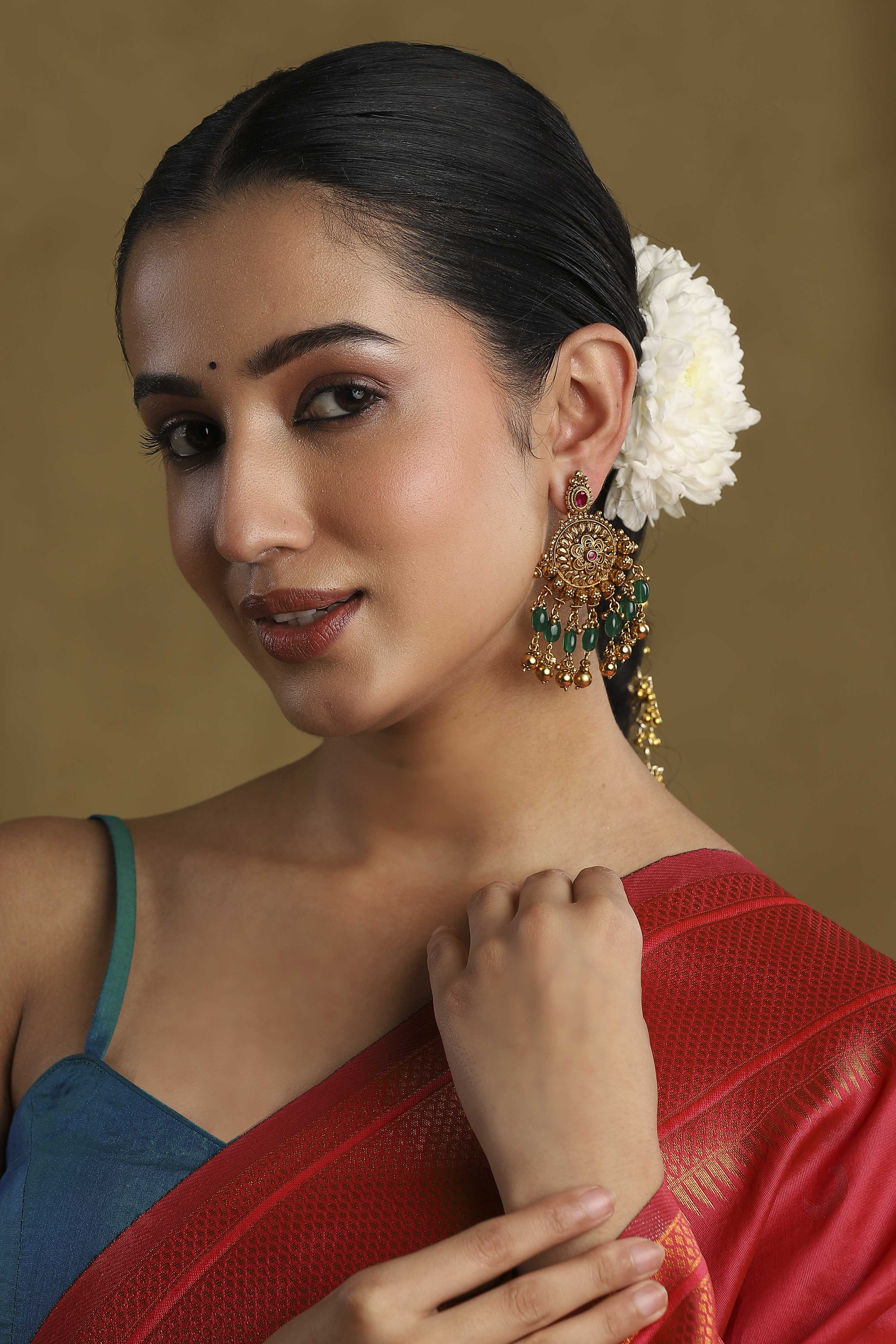 Green Gold Plated Brass Drop & Dangler Earrings image number 3