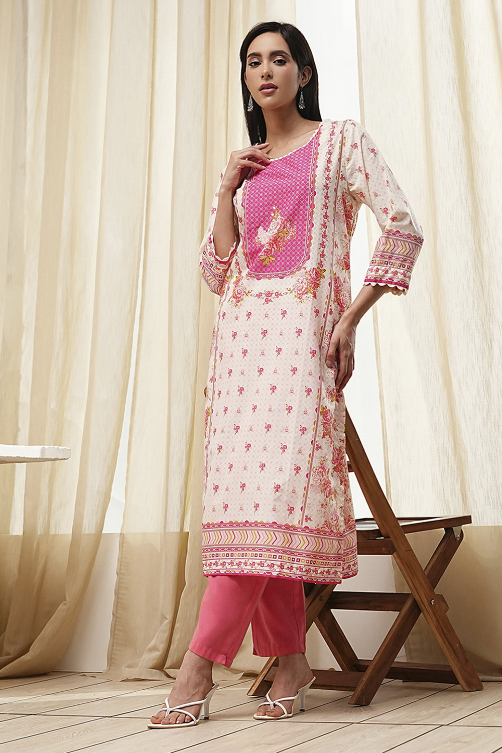 Pink Cotton Printed Straight Kurta image number 0
