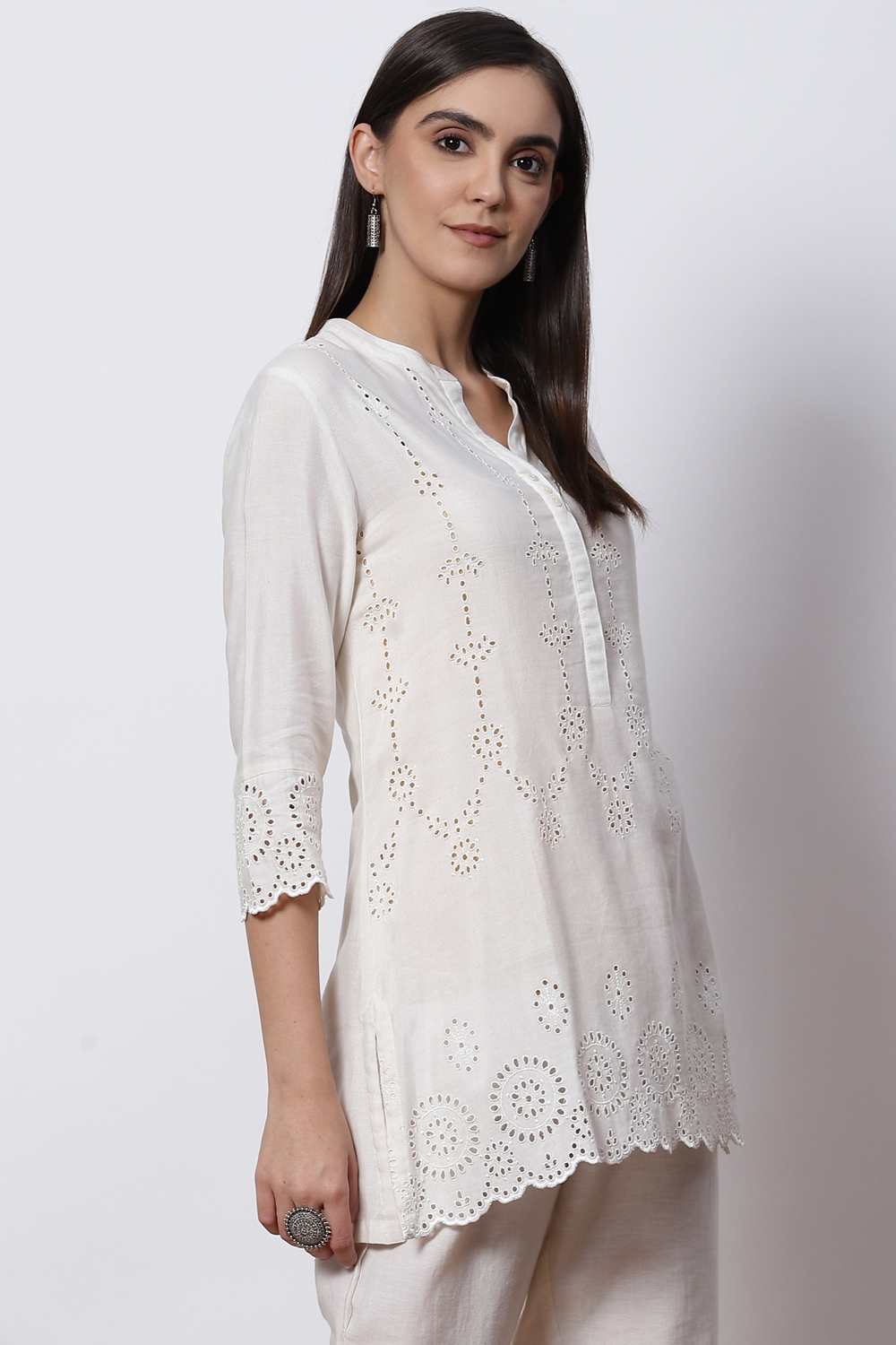 Natural White LIVA Short Solid Kurti image number 3