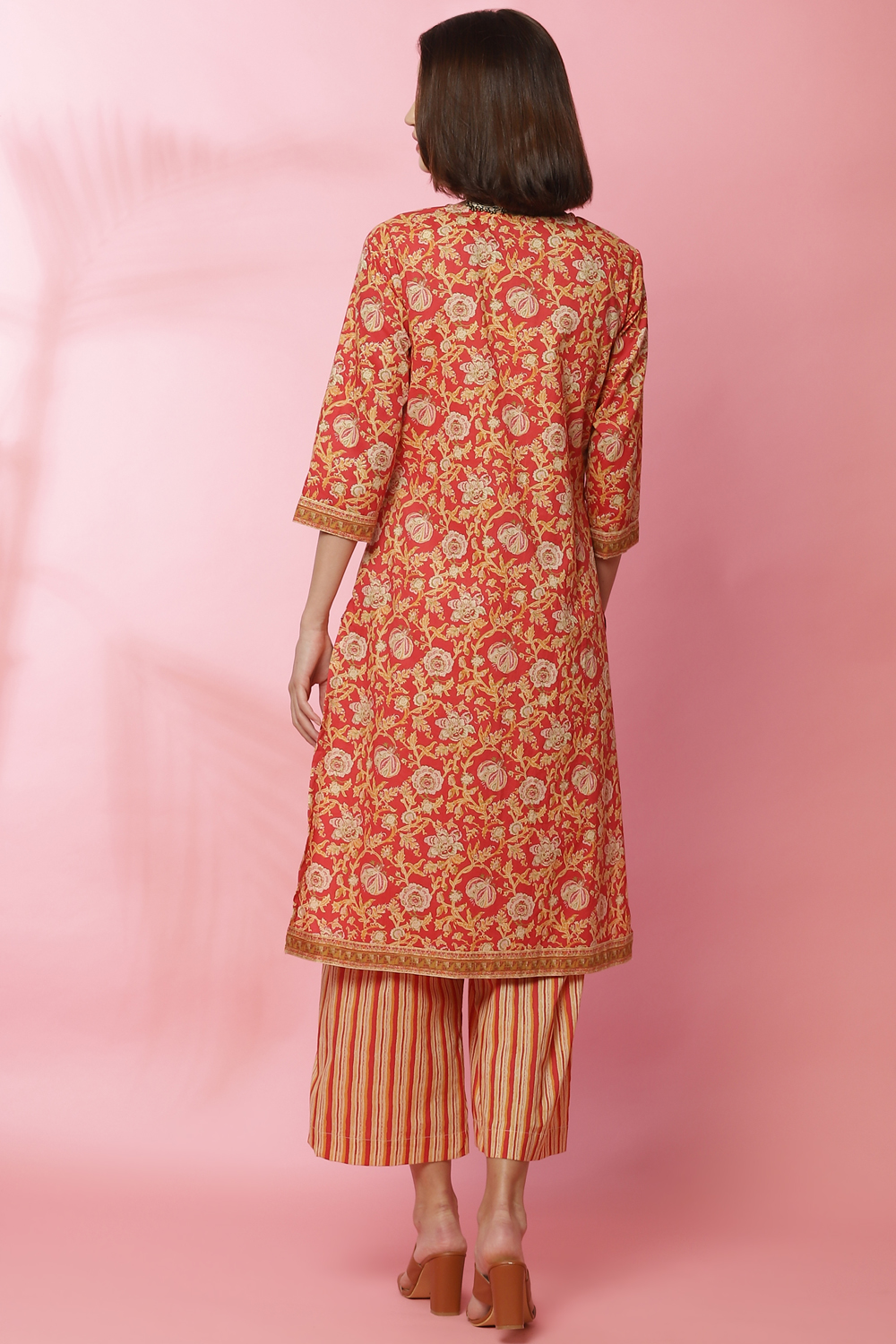 Red Cotton Straight Kurta Palazzo Suit Set image number 7