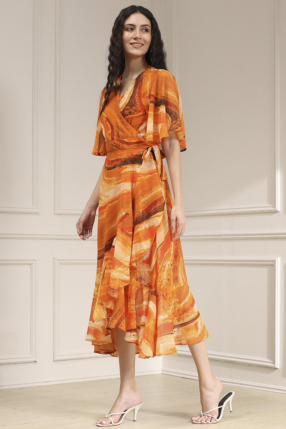 Mustard Yellow Printed Flared Dress image number 2