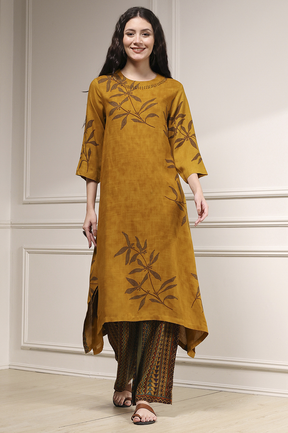 Mustard Yellow Viscose Rayon Straight Printed Kurta Pants Set image number 0