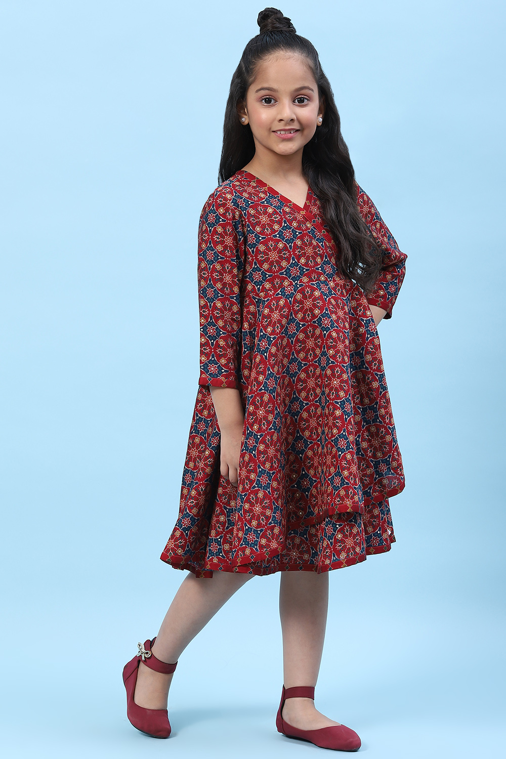 Maroon Silk Asymmetric Printed Dress image number 0