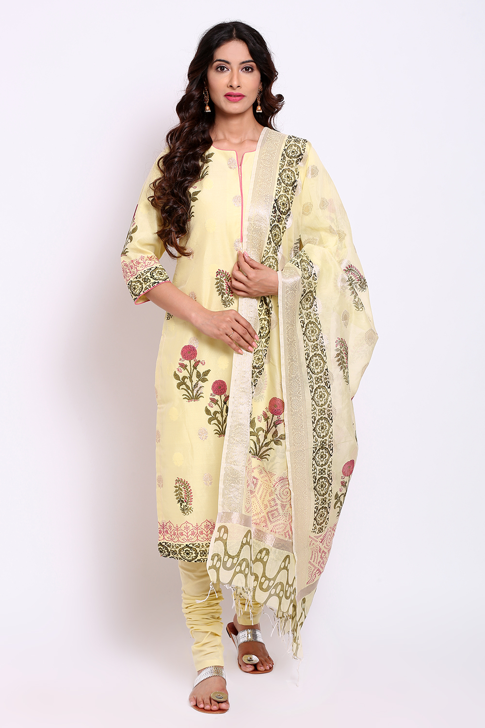 Pale Yellow Poly Metallic Cotton Straight Kurta Churidar Suit Set image number 0