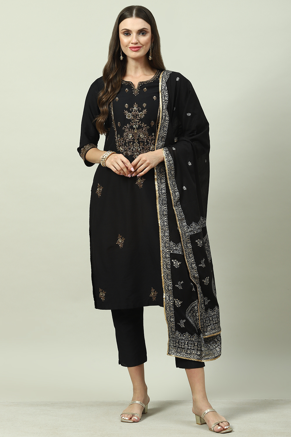 Black Poly Viscose A-Line Kurta Slim Pant Suit Set image number 0