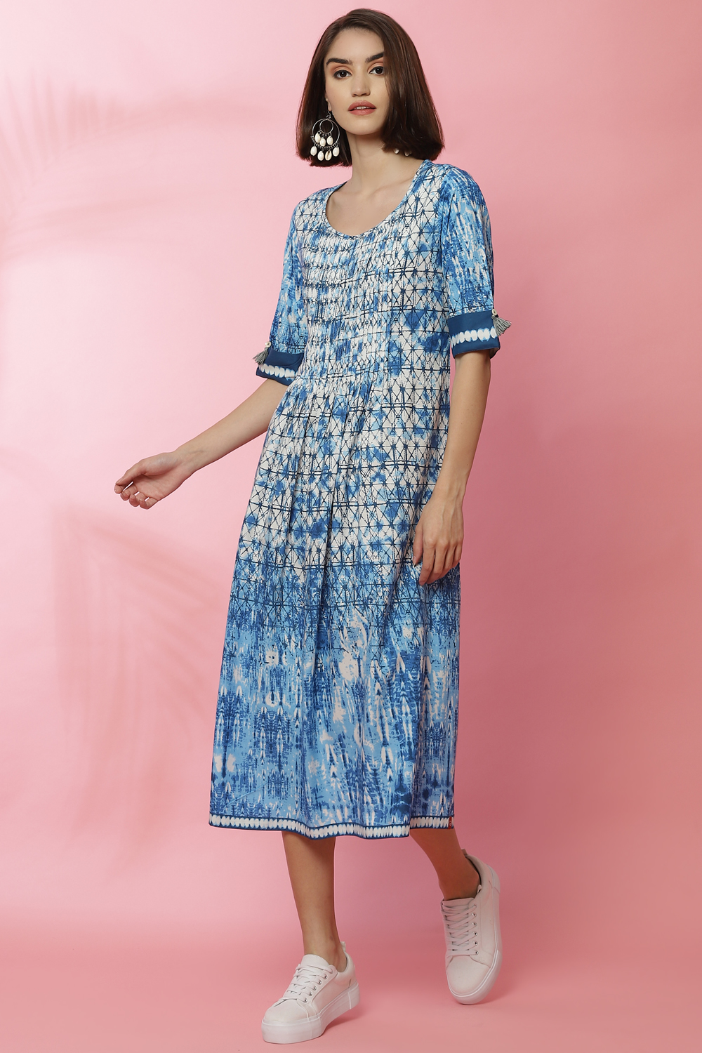 Blue A-Line Rayon Printed Dress image number 2