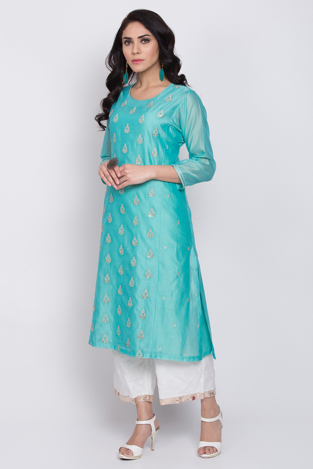 Aqua Poly Cotton A-Line Embroidered Kurta image number 4