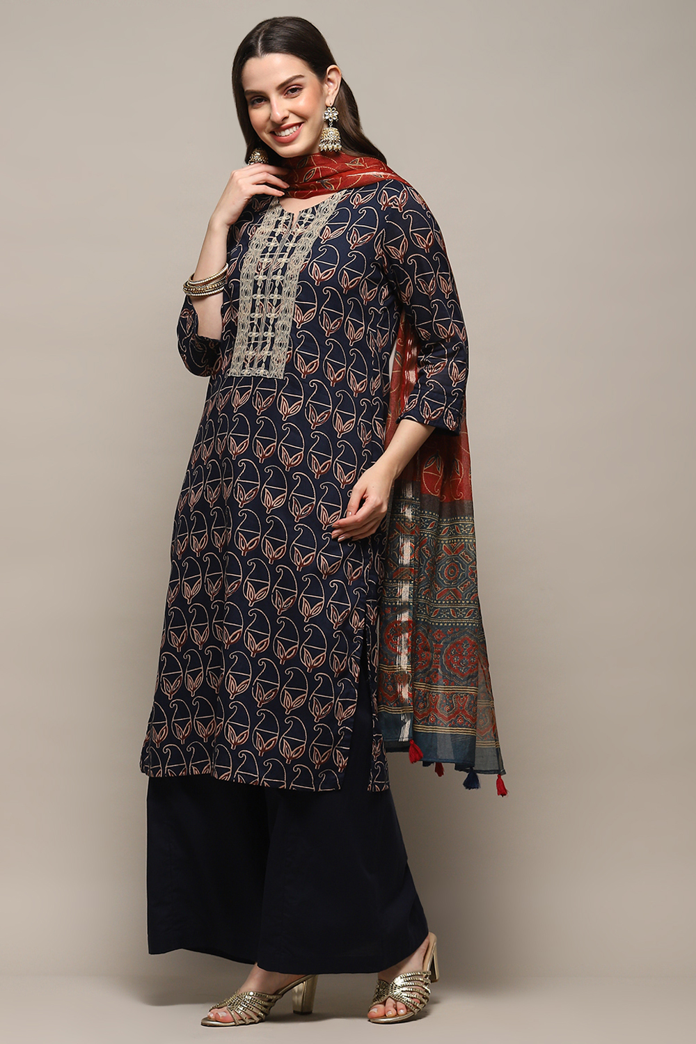 Indigo Cotton Blend Flared Kurta Palazzo Suit Set image number 4