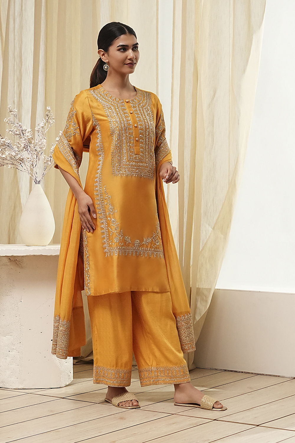 Ochre Yellow Cotton Silk Straight Suit Set image number 6