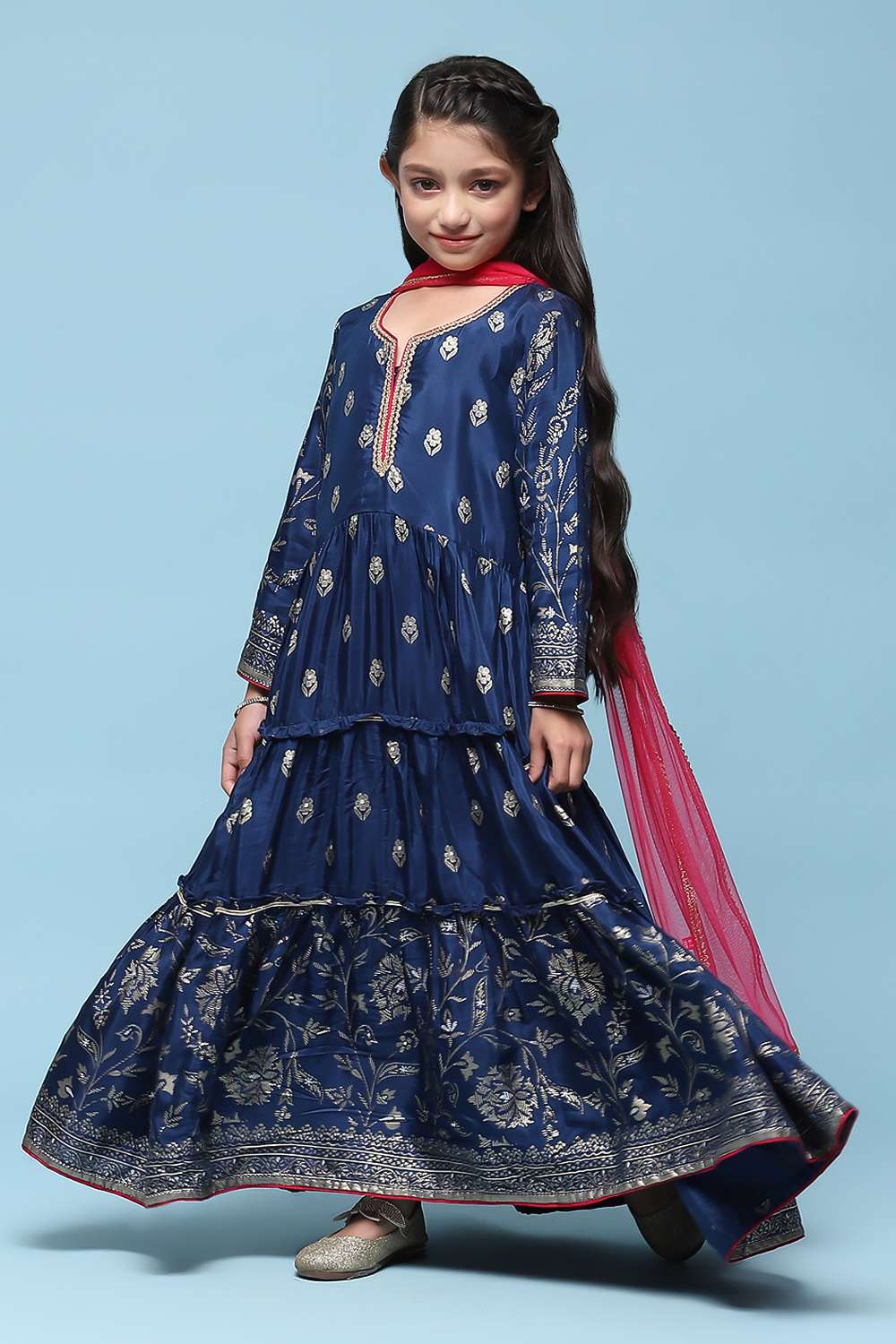 Navy Blue Viscose Tiered Kurta Printed Suit Set image number 0