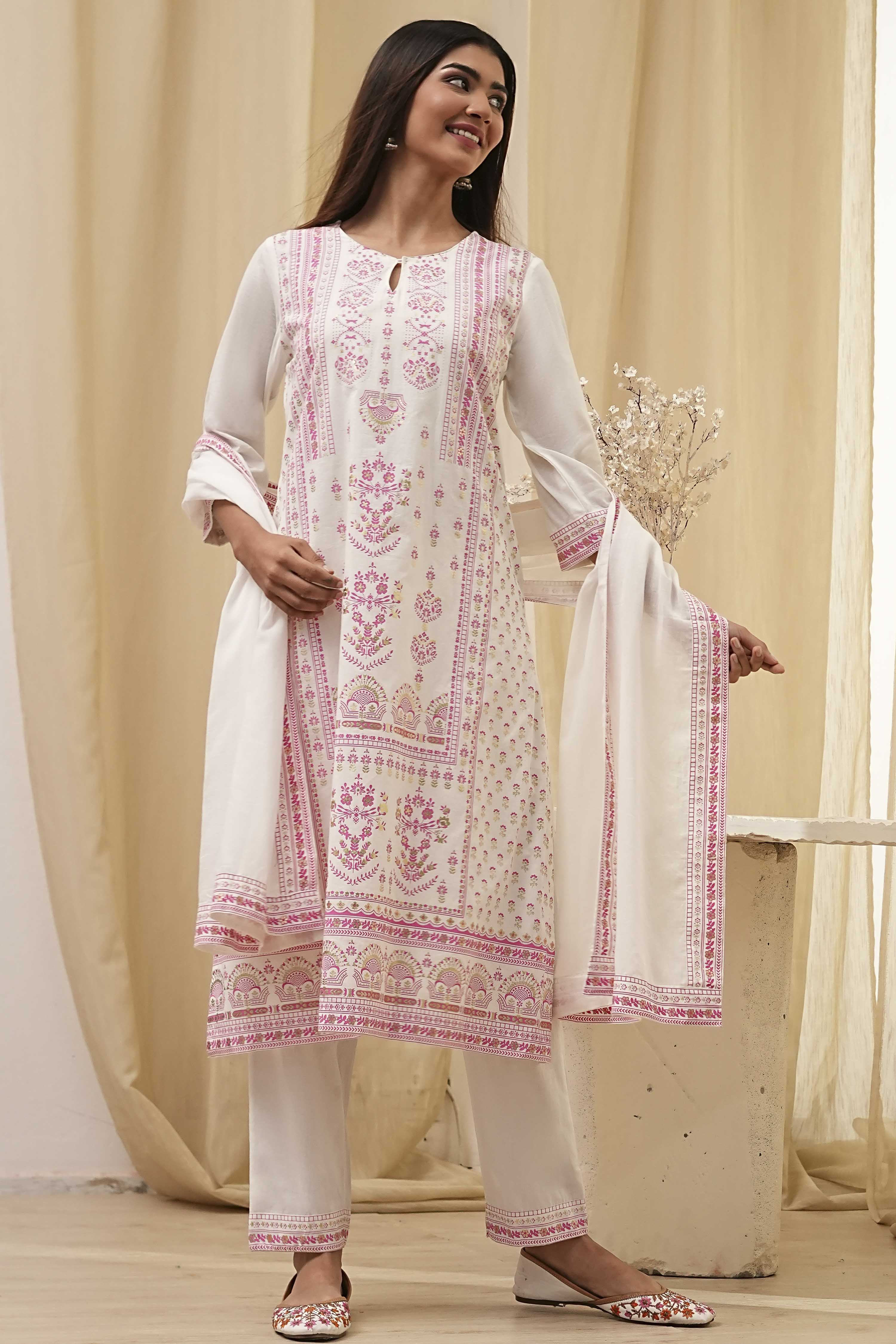 Off-White and Pink Cotton Straight Suit Set image number 0