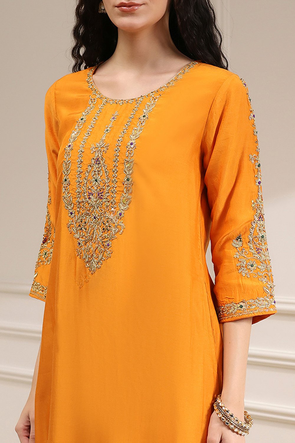 Orange Solid Straight Suit Set image number 1
