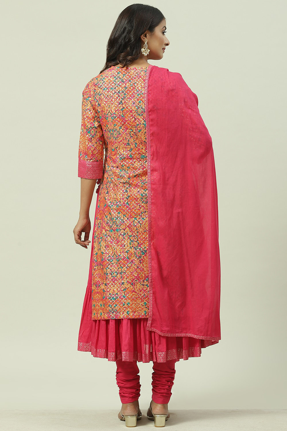 Fuschia Cotton Layered Kurta Churidar Suit Set image number 4