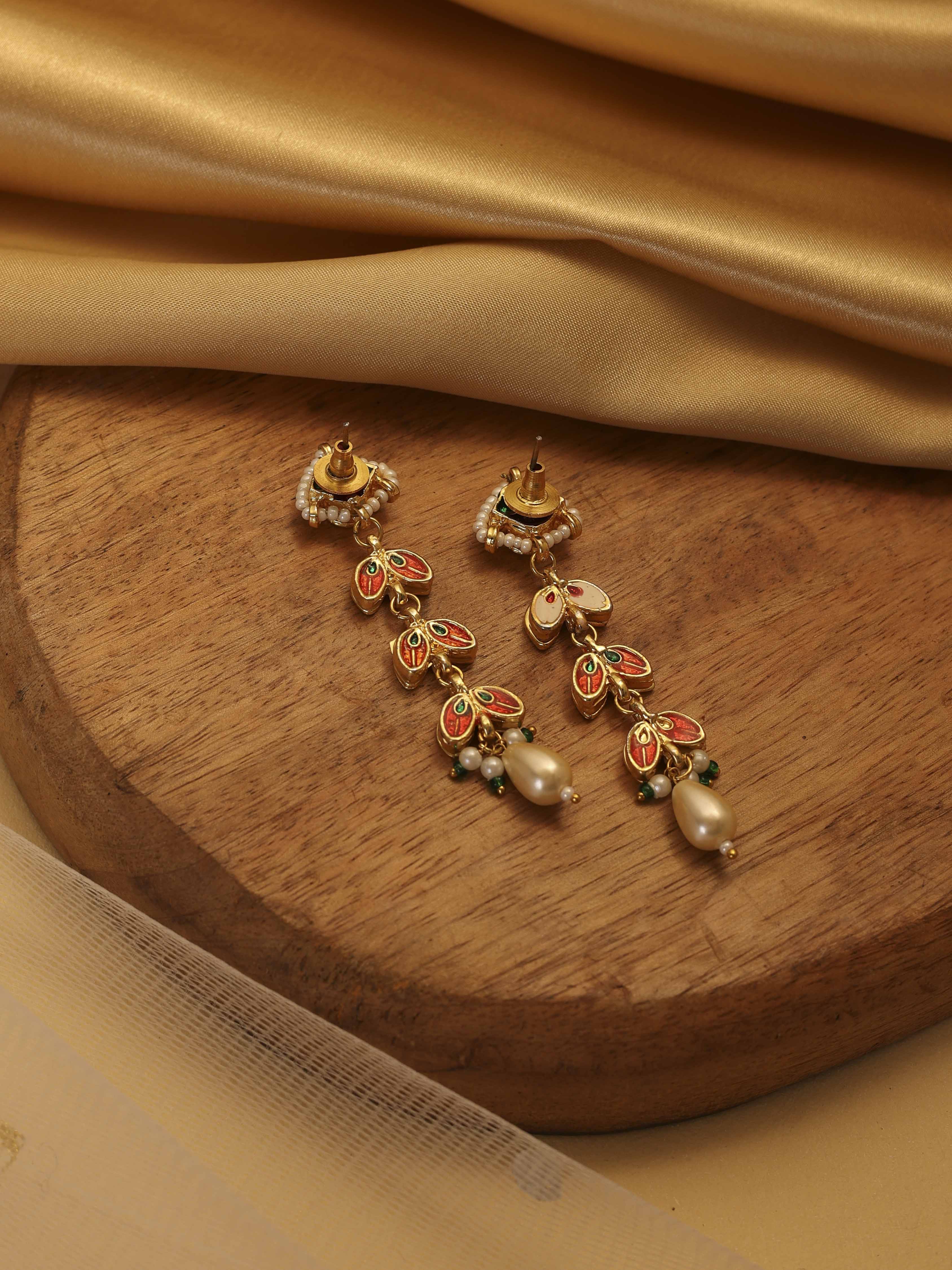 Green Gold Plated Brass Drop Studded Earrings image number 2