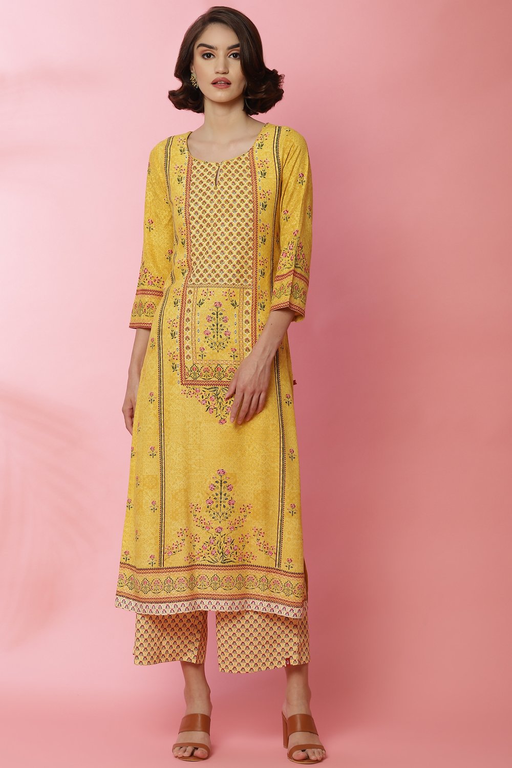 Yellow LIVA Straight Printed Kurta image number 0