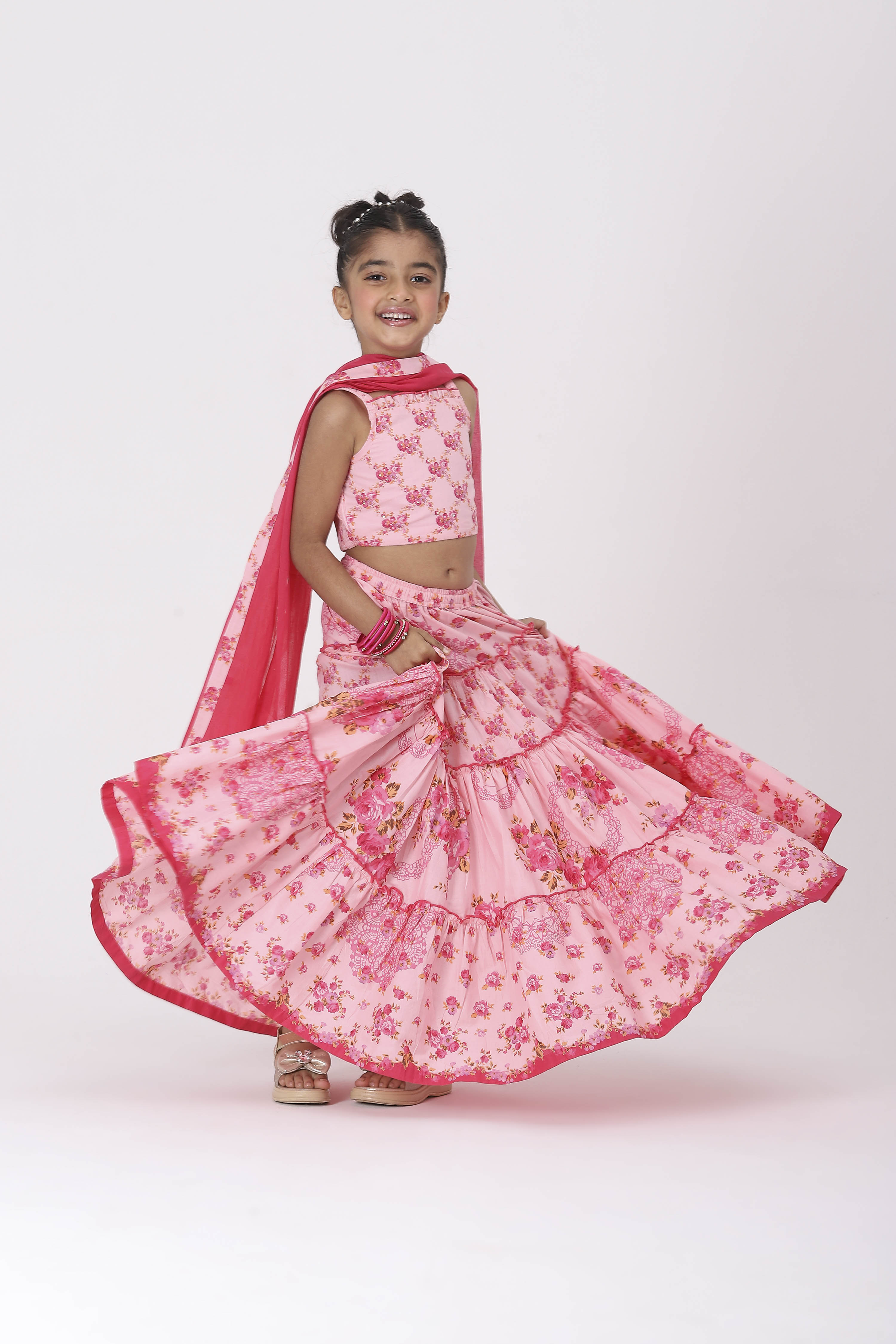 Pink Cotton Printed Regular Lehenga Set image number 0