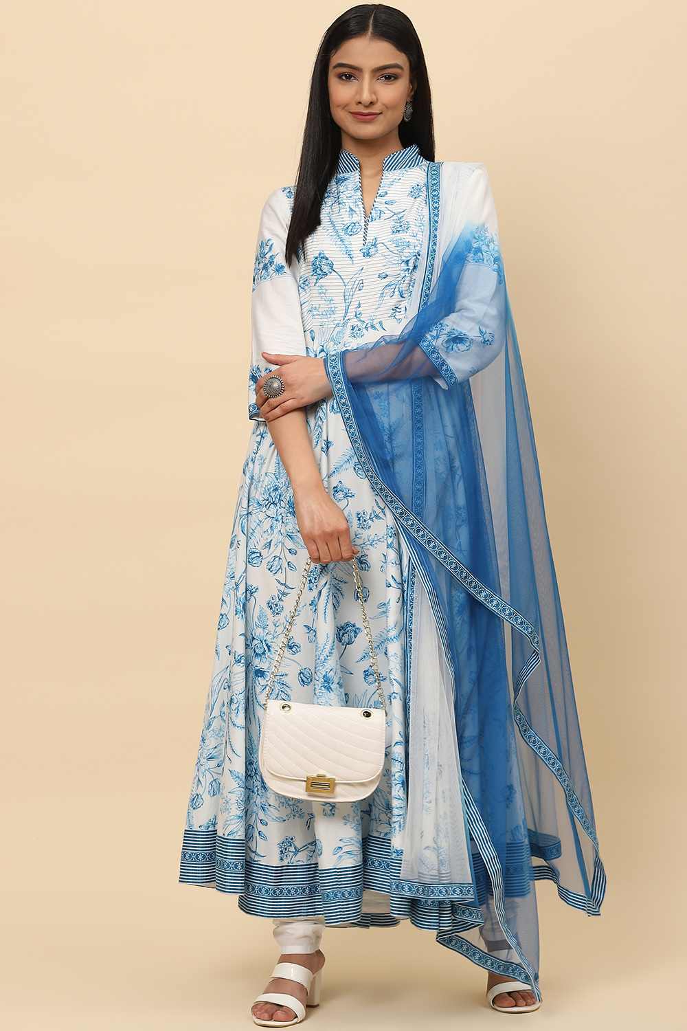 White Blue Cotton Anarkali Kurta Churidar Suit Set image number 7