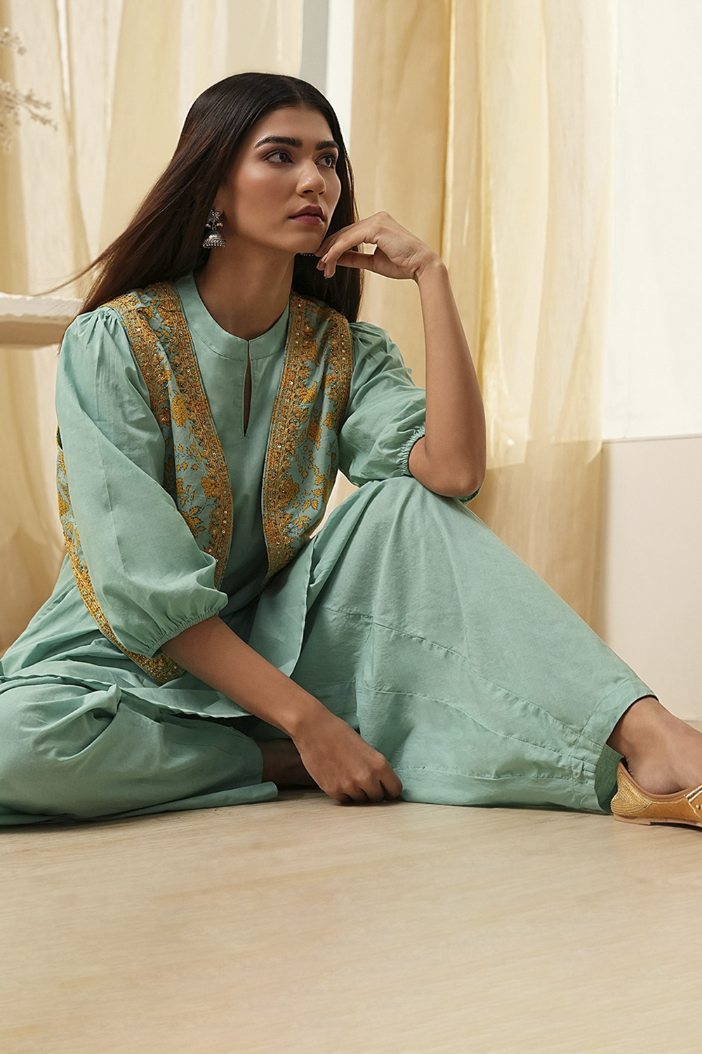 Sage Green Cotton Pathani Straight Kurta Set image number 0